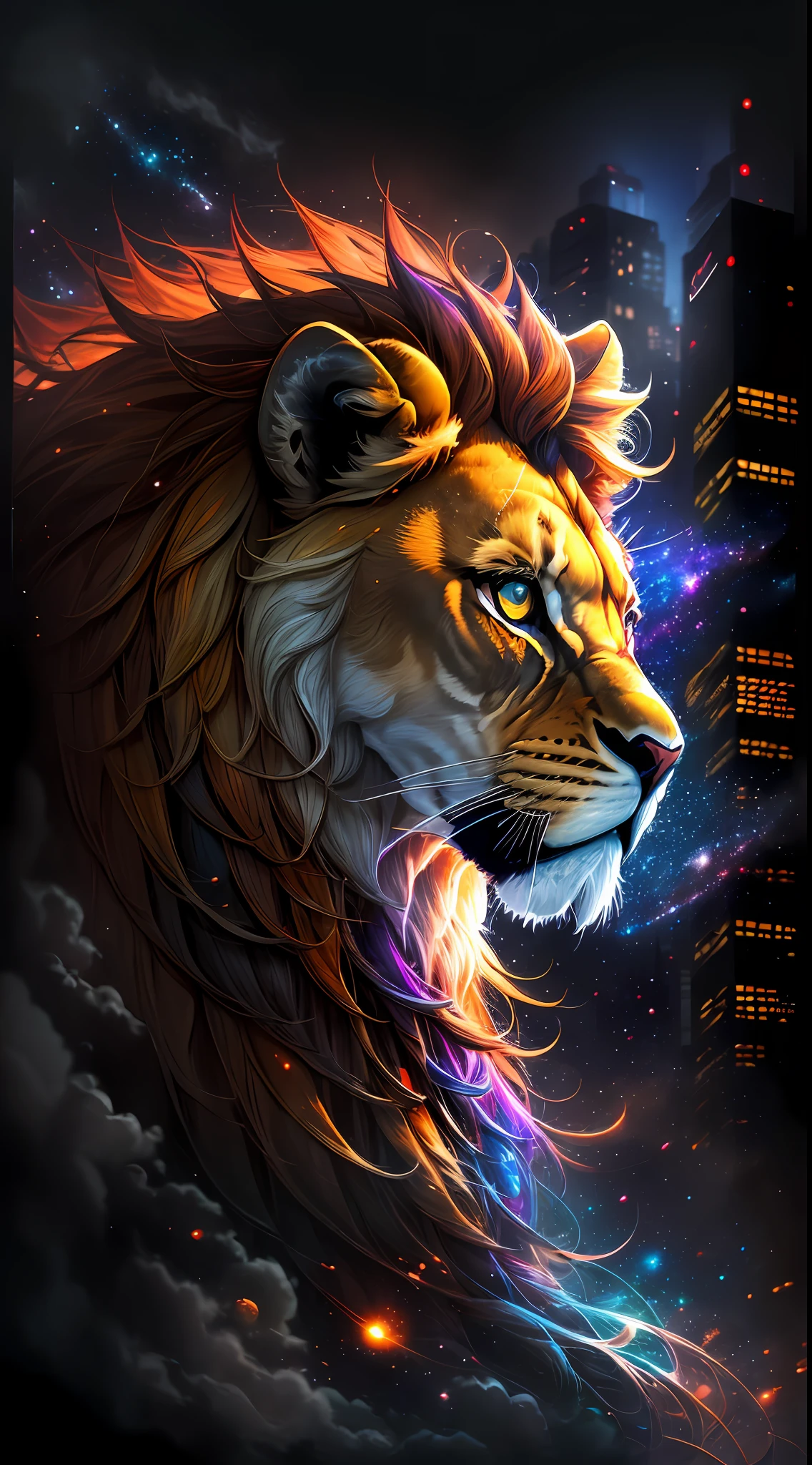 (masterpiece, high quality, highres,illustration), 1girl, galaxy multicolored hair in New york city playing with a lion at night with orange fog, cybercity, high detailed lion face,