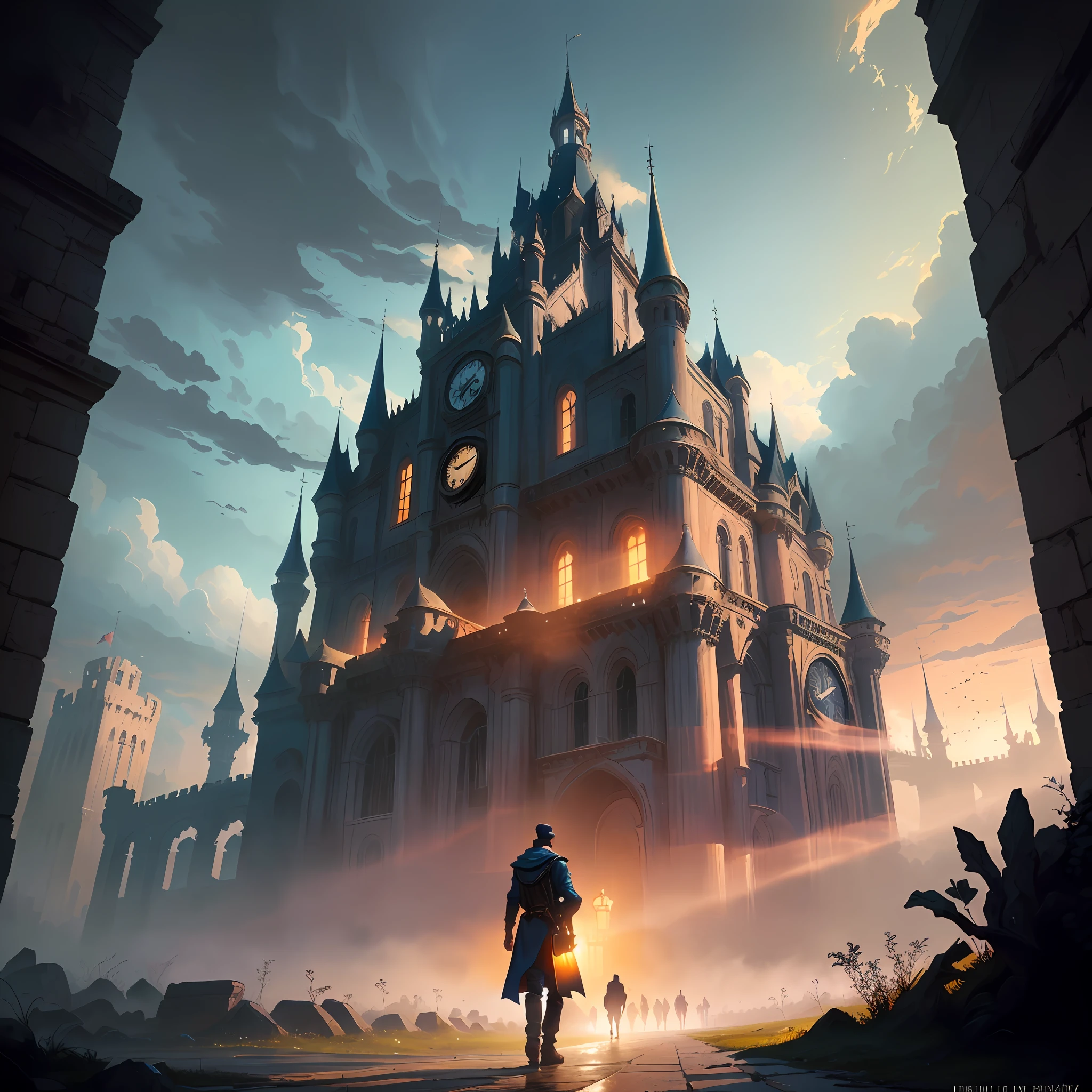 There is a man walking in front of a castle with a clock, Estilo Andreas Rocha, Silvain Sarrailh, Andreas Rocha e John Howe, inspirado em Andreas Rocha, inspirado em Raphael Lacoste, O estilo de Andreas Rocha, Pintado por Andreas Rocha, Bussiere Rutkowski Andreas Rocha, Directed by: Andreas Rocha in high definition