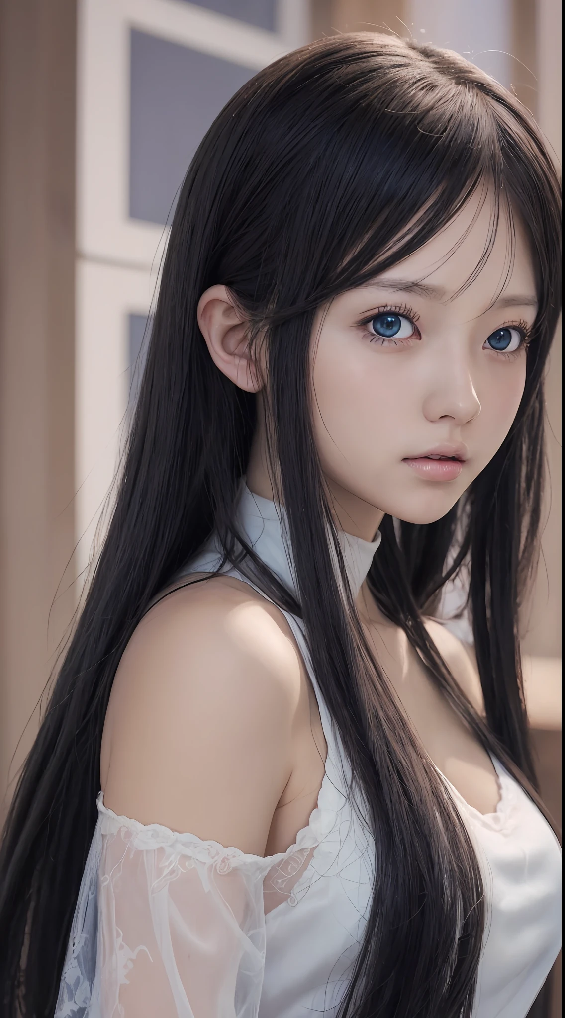 Anime girl with long black hair and blue eyes，smooth anime cg art，Realistic anime 3 D style，Realistic anime art style，detailed digital anime art，digital anime illustration，Realistic anime art style，Kawaii realistic portrait，detailed portrait of an anime girl，a beautiful anime portrait，photorealistic anime girl rendering，Realistic young anime girl， portrait anime girl