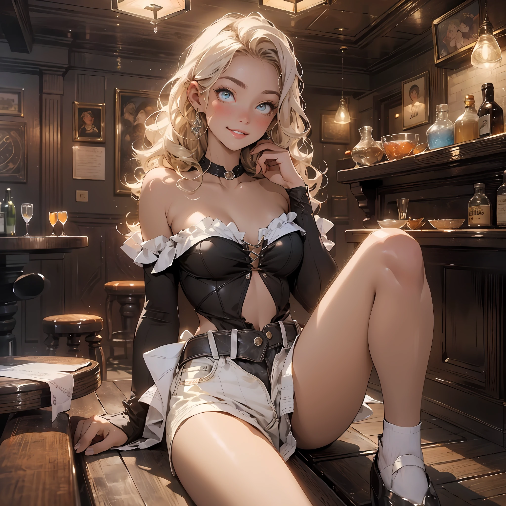 melancholy lighting, quiet, calm, brightness, masterpiece, best quality, 1girl, (JinxLol:1.2), (ultra photorealistic:1.3), (masterpiece:1.4), best quality, ((realistic)), high quality, ultra detailed, ((real image)), ((realistic skin)), ((realistic face)),(illustration:1.05), (beautiful:1.05), (beautiful detailed eyes:1.05), (cinematic light:1.1), full body, precise proportions, 18-year-old girl, skinny model, BLONDE hair fluttering in the wind,  tulle, long legs, feet slightly open, buttocks, blush, shyness, collarbone, abdominals, double weave, beautiful and delicate face, fair skin, real skin, (face detail), pores, super high resolution, 8k, parameters Best quality, masterpiece, super high resolution, (Realistic 2.0), More details, detailed skin, wide smile, white teeth, full hair CURLY BONDE voluminous, perfect and well designed eyes,  Girlfriend, Beautiful, Beautiful, Studio Lighting, sitting in a 1800's restuarant, retro bar, cocktail drink on table, busy bar