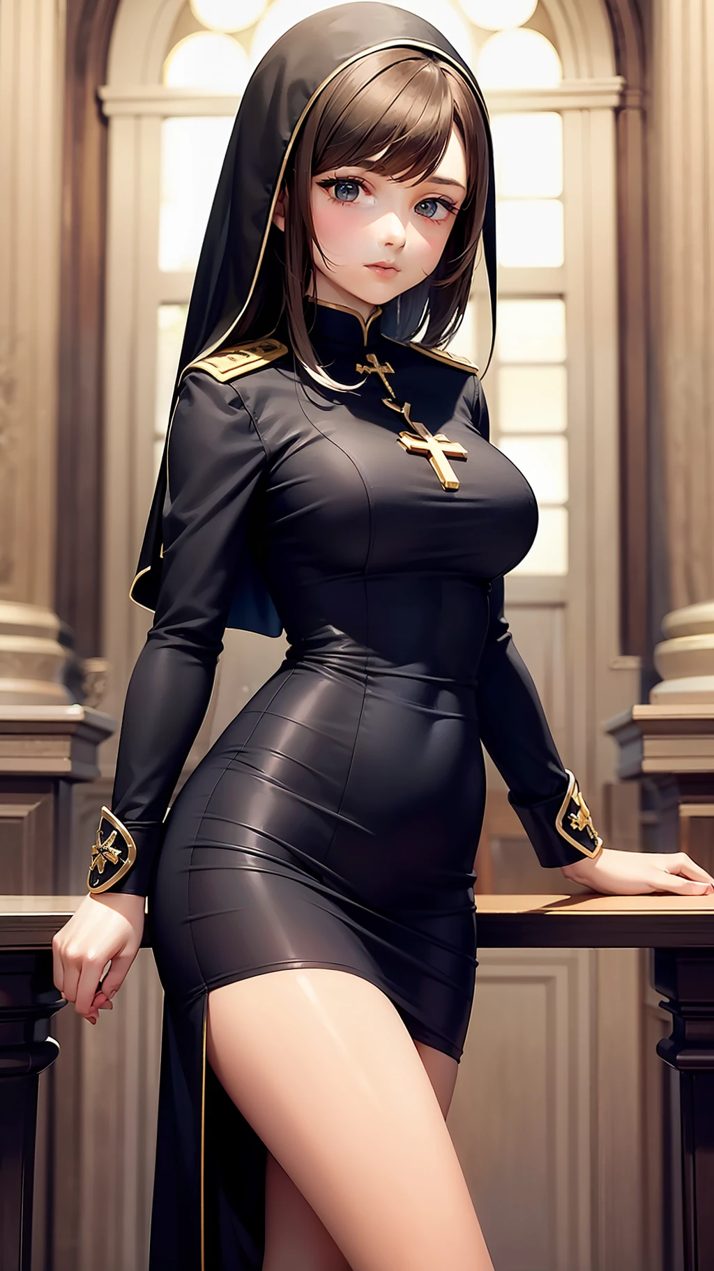 A 17-year-old girl,The figure is bumpy,The hair is brown,Wearing a black priest's uniform,The priest's uniform is decorated with metal decorations