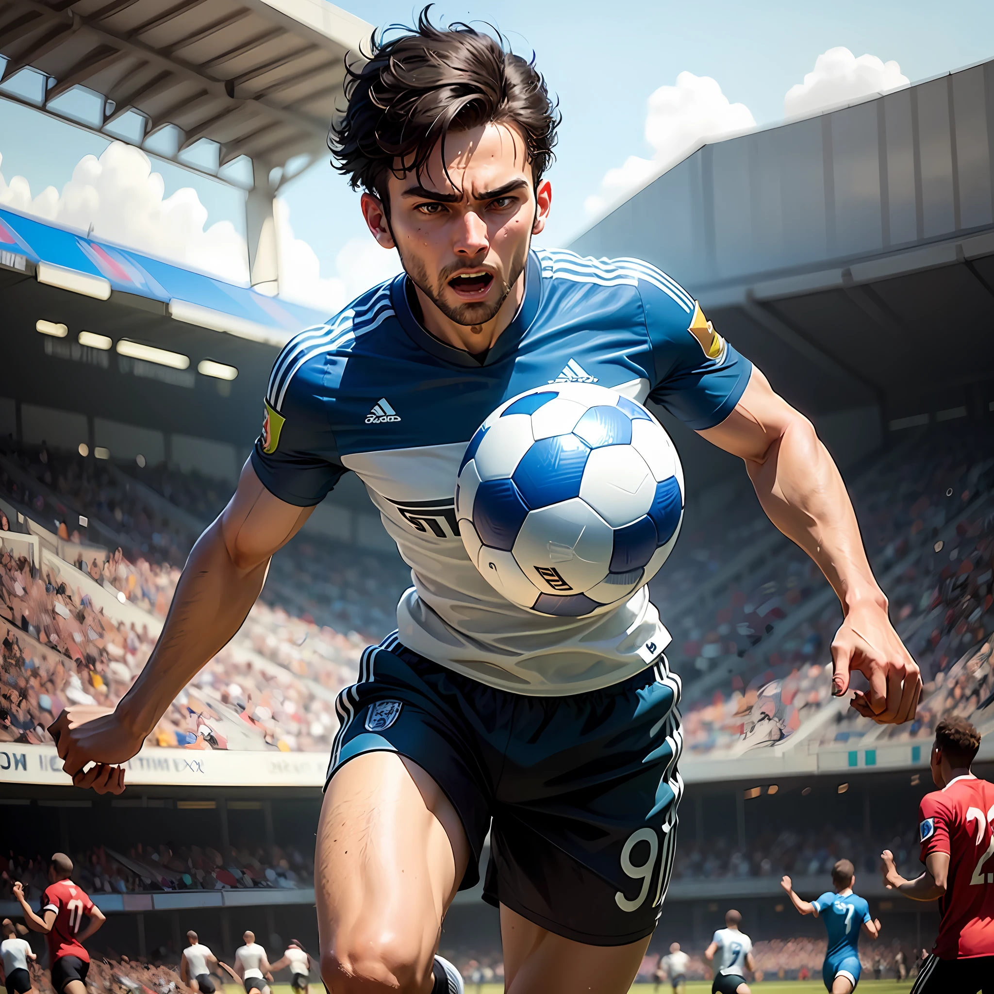 A man with short hair, Soccer player, wearing Blue soccer shirt, running with the ball and challenge with defender, Stadium background,  crowd people,artstation, digital painting, --auto