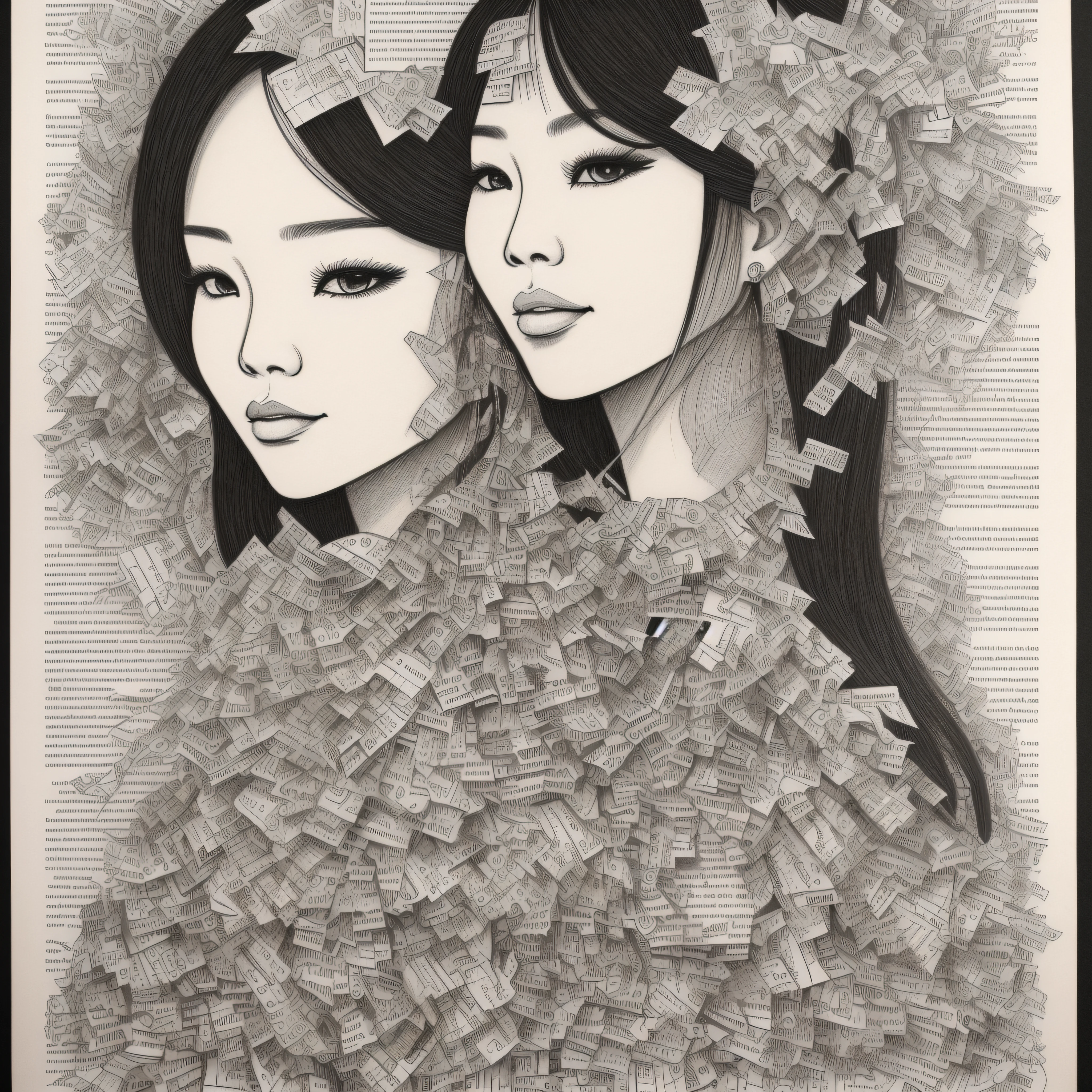 Charcoal drawing illustration collage, marker drawing portrait of a Vietnamese woman on collage of book pages, magazine headlines cutouts, musical notation paper scraps, by Peterdraws, flowerpunk, boho styled fabrics, intricate, buttons, wirework jewelry, by Loui Jover --auto