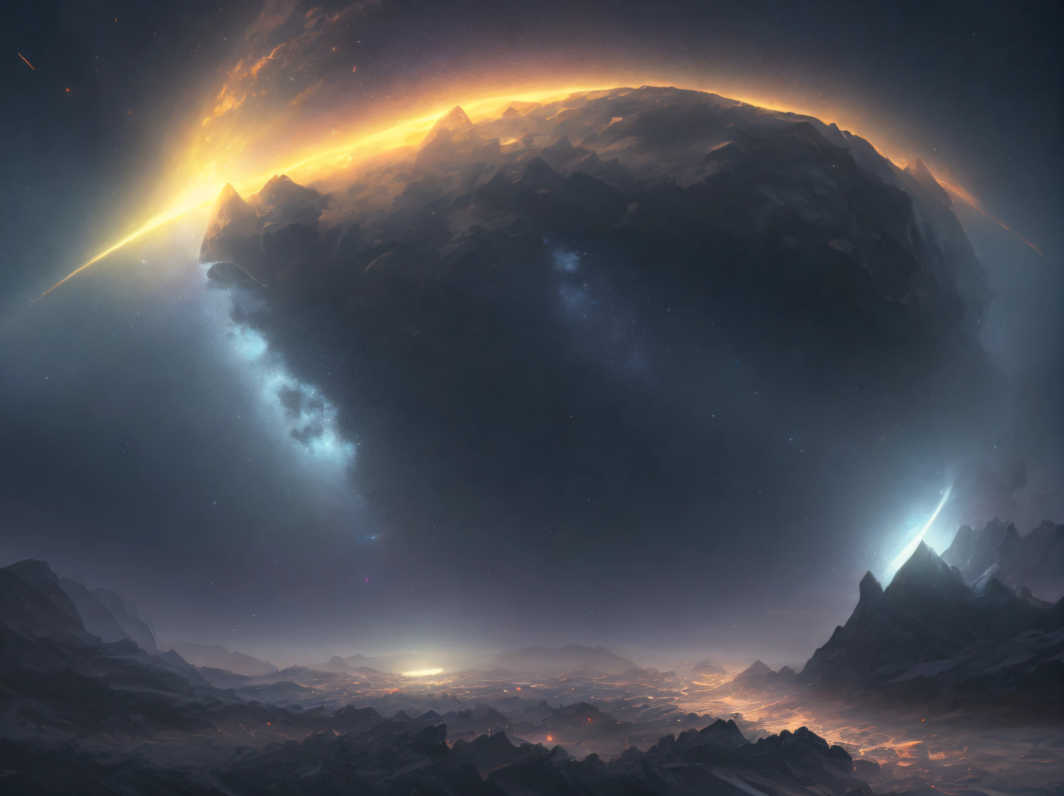 In the dark night, meteors shine. 8k HD digital art, unique 4k digital art, digital art widescreen 8k, 4k detailed digital art. Glowing matte painting, 4k hd wallpaper, concept art 8k resolution, concept art 8k resolution
