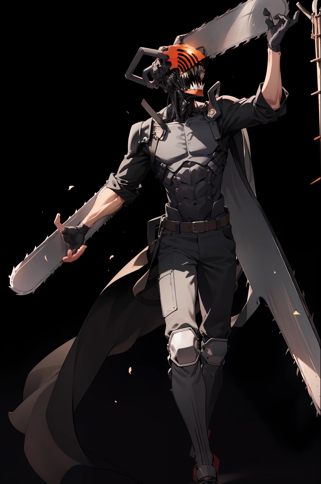 (masterpiece, best quality:1.2), cowboy shot, solo, male focus, 1boy, chainsaw man, chainsaw, sharp fangs, open mouth, long tongue, exoskeleton armor, black necktie, sleeves rolled up, tactical gloves, long horns, tactical black cape,ultimate form