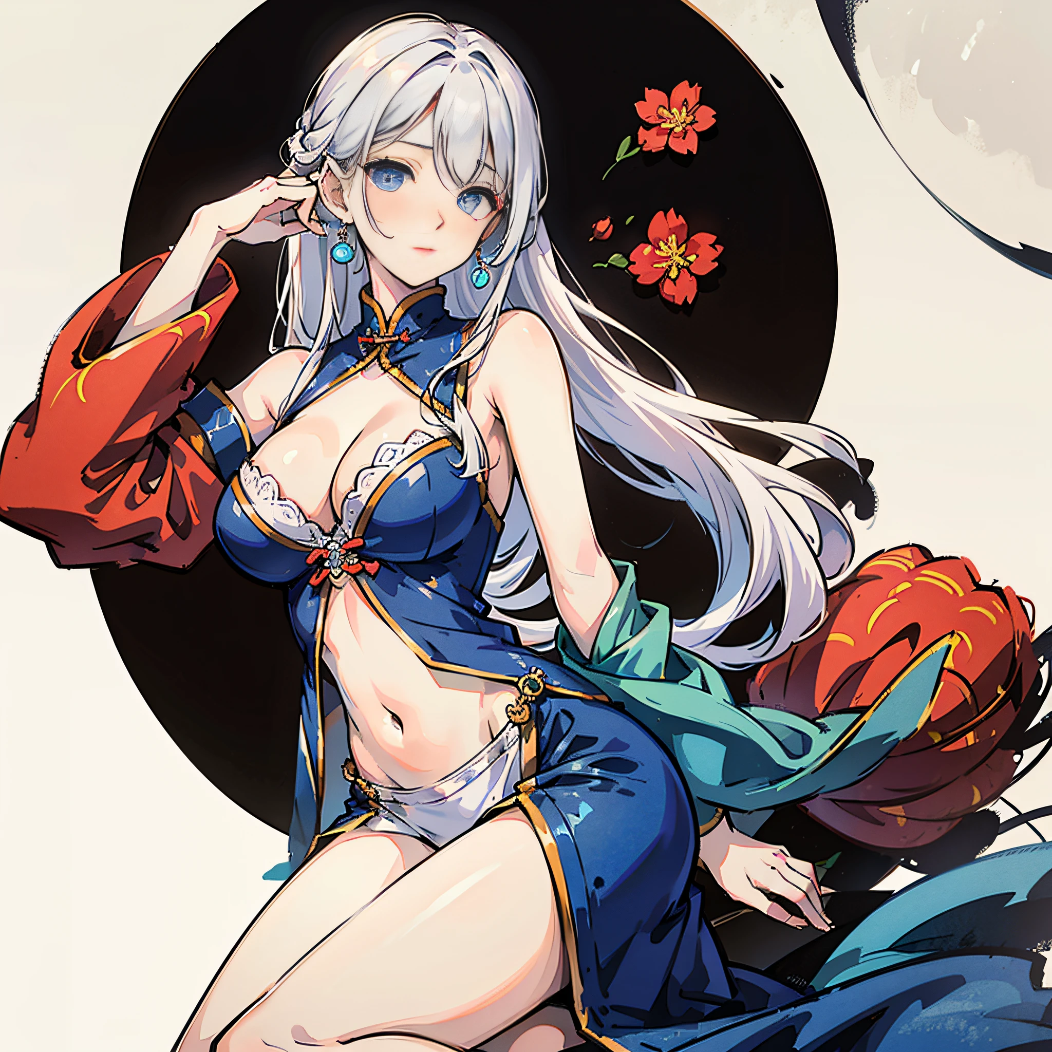 Single,Long hair,tall image,view the viewer,Blush,rim,A high resolution,Blue eyes,Light hair,Simple background,hair between eye,Sitting,cleavage,traditional garb,parted lip,Arm Raised,arm support,Estampados florales,covered navel,Chinese clothes,arm behind head,cleavage cutout,Ink painting --auto