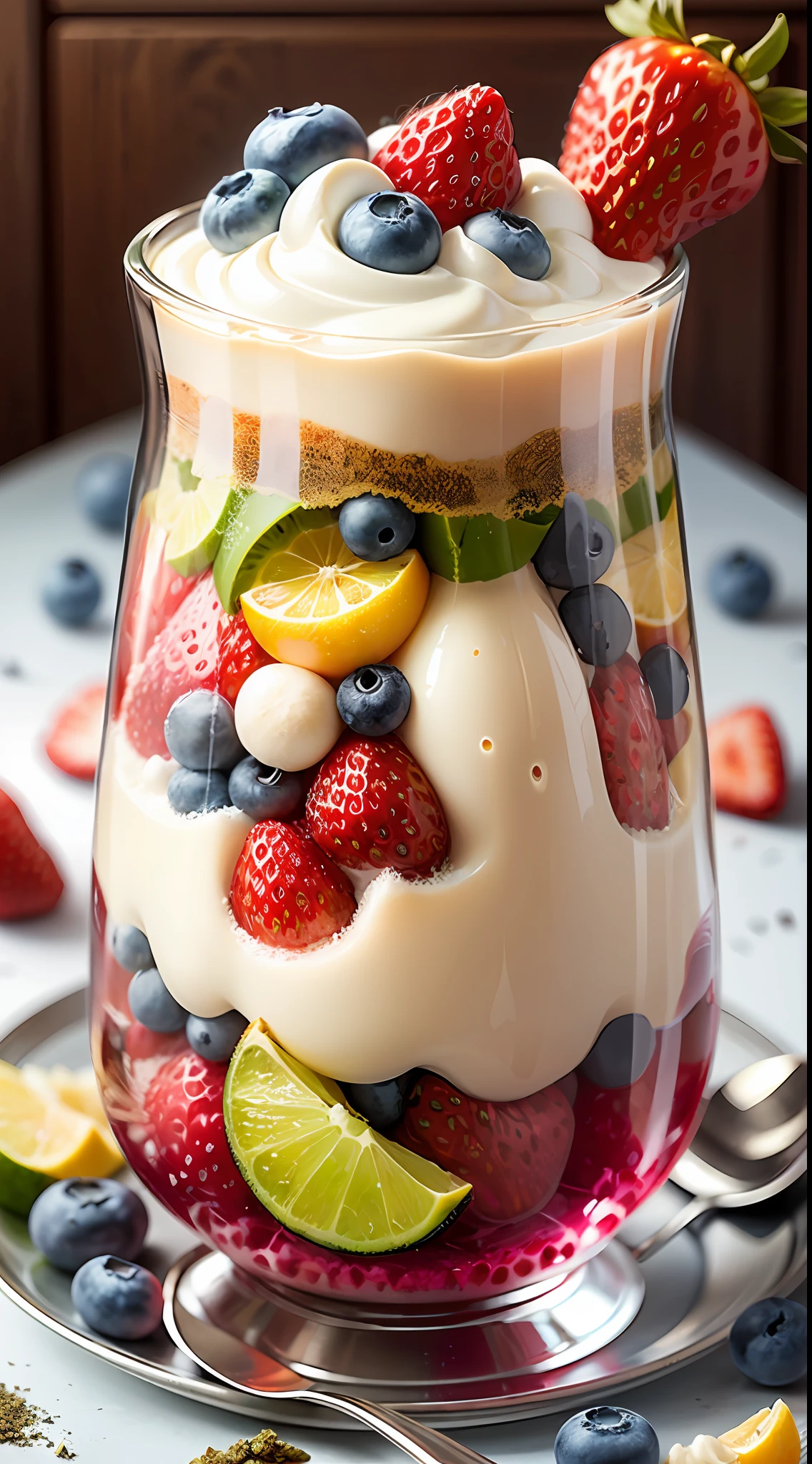 (((Multi-layered jelly))) glass, stained glass windows, Multi-colored highlights, tmasterpiece, Top Quality, Experience, Chic, Boho-chic, a gold, utensil, kettle, a cup, plate, crystals, with floral print, 2 tablespoons chia seeds 1 cup milk (can be cow's milk, vegetable milk or yogurt) 1 teaspoon vanilla extract of your choice (optional) Chopped fresh fruits (For example, strawberries, kiwi, mango, blackberry, raspberry, cherry, carom, blueberries, etc.) Marengo, cookies, for topping --auto --s2