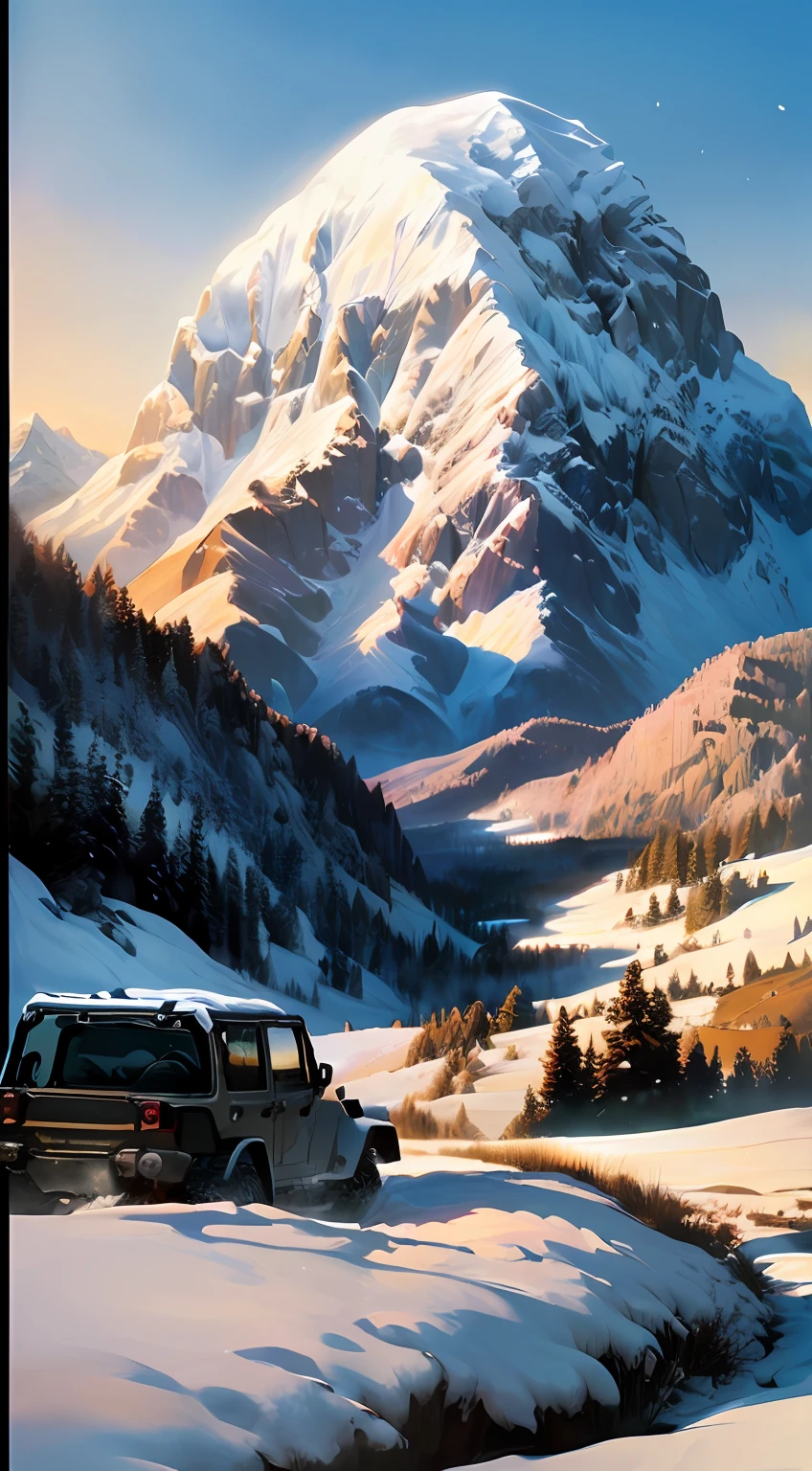 There was a Jeep Wrangler driving through the snow, kenton nelson, david ligare masterpiece, Syd Mead和Raphael Lacoste, Martin Ansin, author:David Ligaray, Laurent Durieux, Illustration matte painting, inspired by David Ligare, Inspired by John Philip Falt, simon stälenhag, absolutely outstanding image, Inspired by Russell Chatham --auto