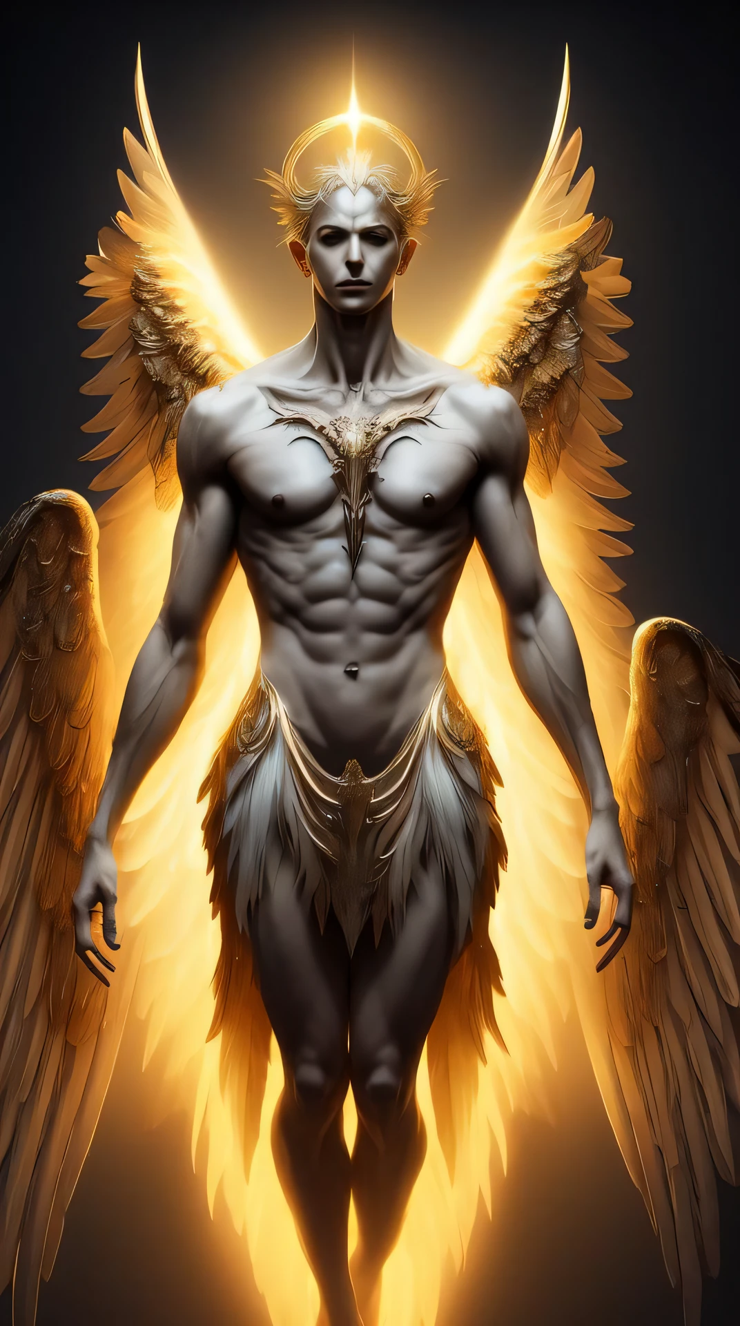 a male angel, with beams of light enveloping his body, his feathery wings are spread out, a golden (halo:1.2) over his head, muscular, beard, masculine, dark, horror, masterpiece, best quality, intricate detail, absurdres, DREAD, chromatic aberration, depth of field, soft lighting, tone mapped, highly detailed, concept art, smooth, sharp focus, dramatic lighting, highly detailed artwork, cinematic, 8K, incredible shadows, (highly detailed background:1.0)