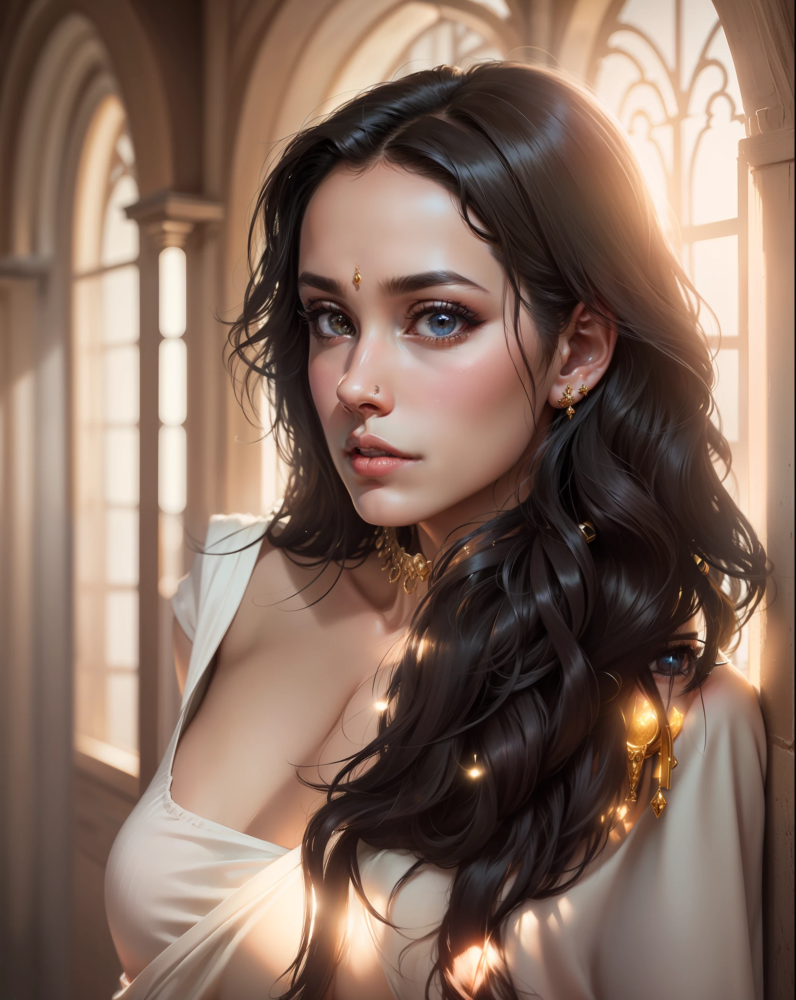 (8k),best quality, (photorealistic,realistic:1.2), 1women shraddha solo, detailed face, standing,black hair,(hair ornament:1.35), (looking at viewer:1.5),short hair, black eyes, bangs, lips, glasses