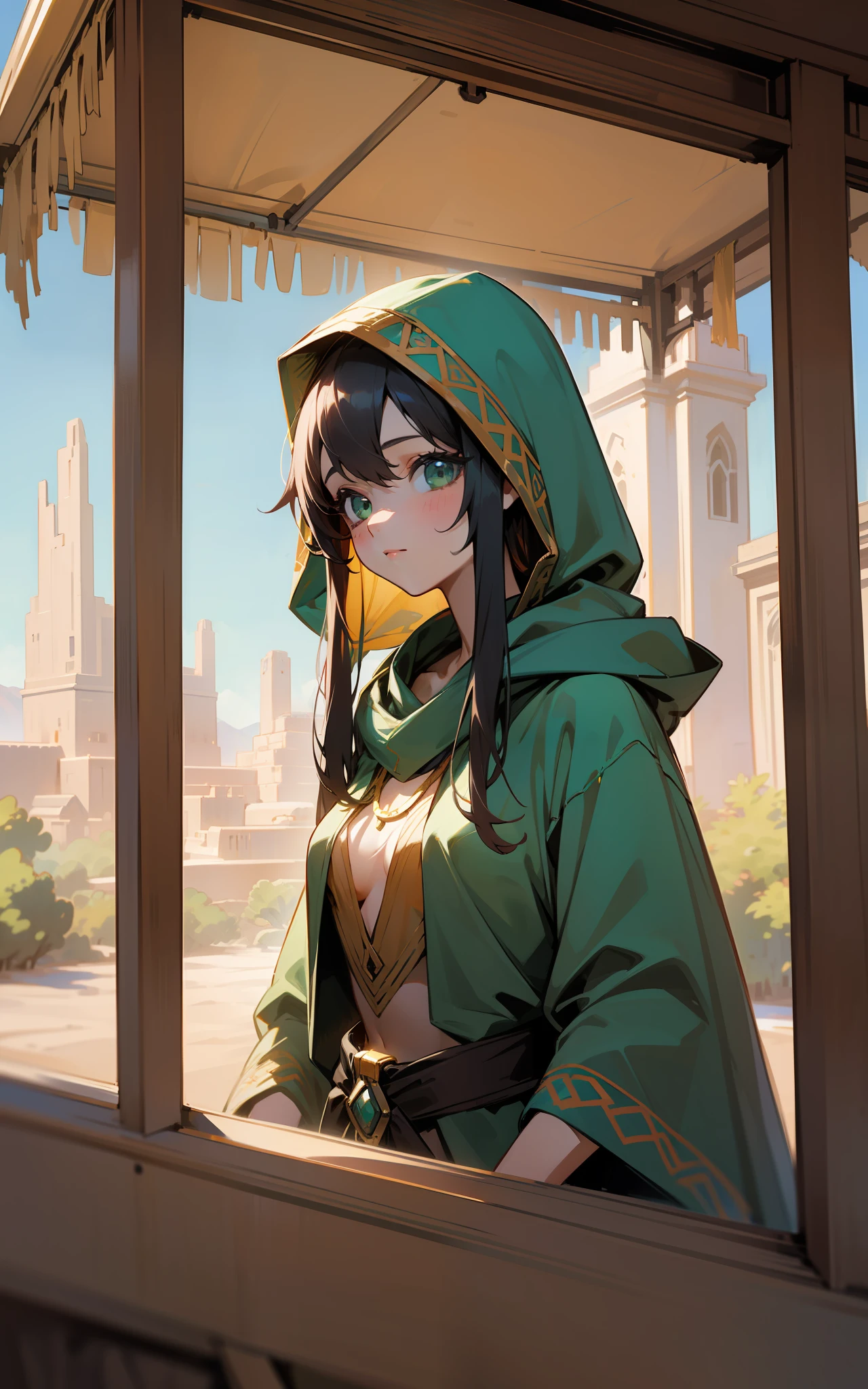 top-quality、hight resolution、detaileds, Desert People、Beautiful girl in awning hood、Inside the desert dwelling、de pele branca、Fantasy World、Slender body、Green long-haired、