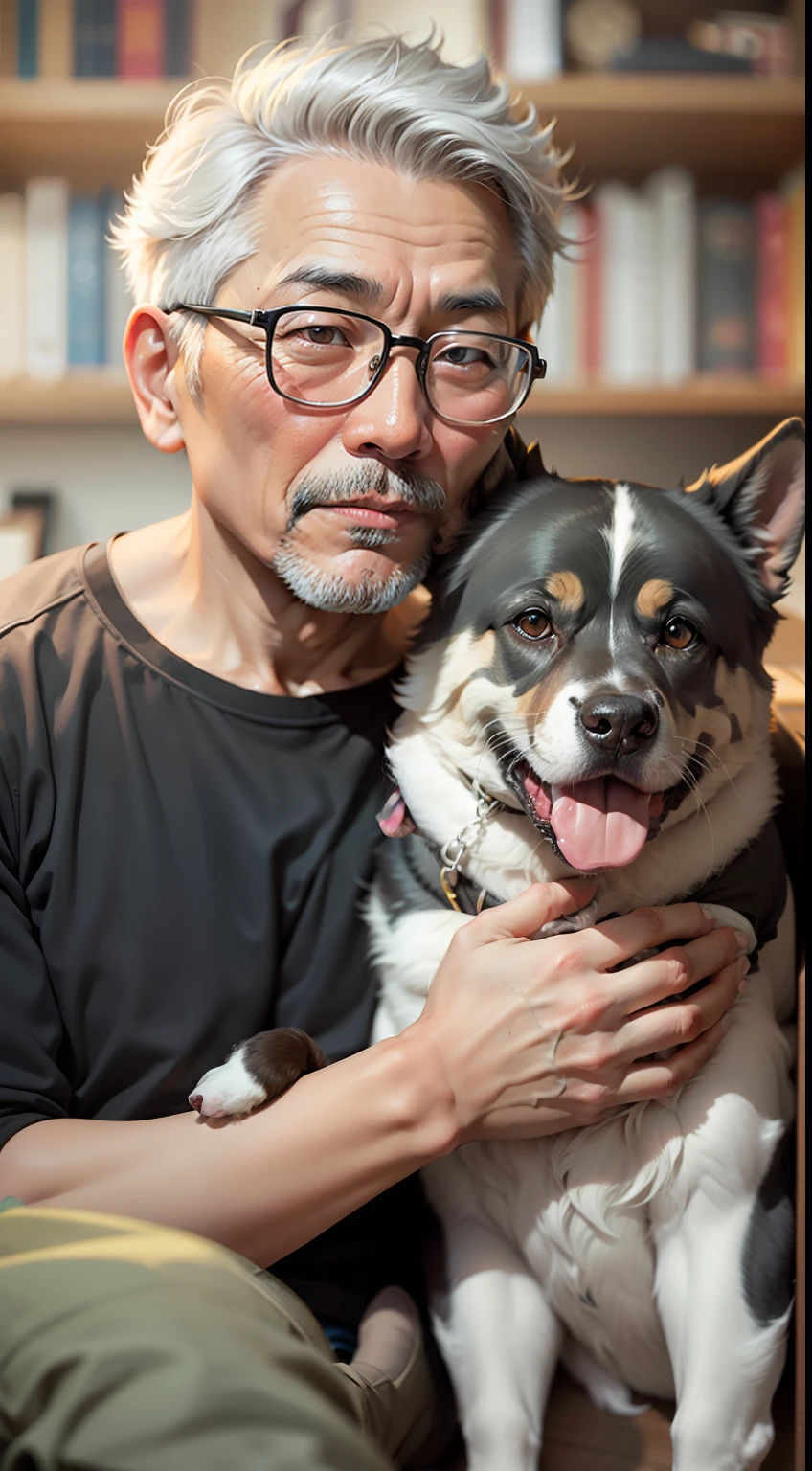 An Asian man, man in his 40s, slightly gray hair, brown eyes, black shirt, sitting in front of a bookcase, holding a dog beside him, 50mm lens portrait, 50mm portrait , old man 50 years old, photo of man, photo taken with sony a7r, portrait shot 8k, taken with sony alpha 1 camera