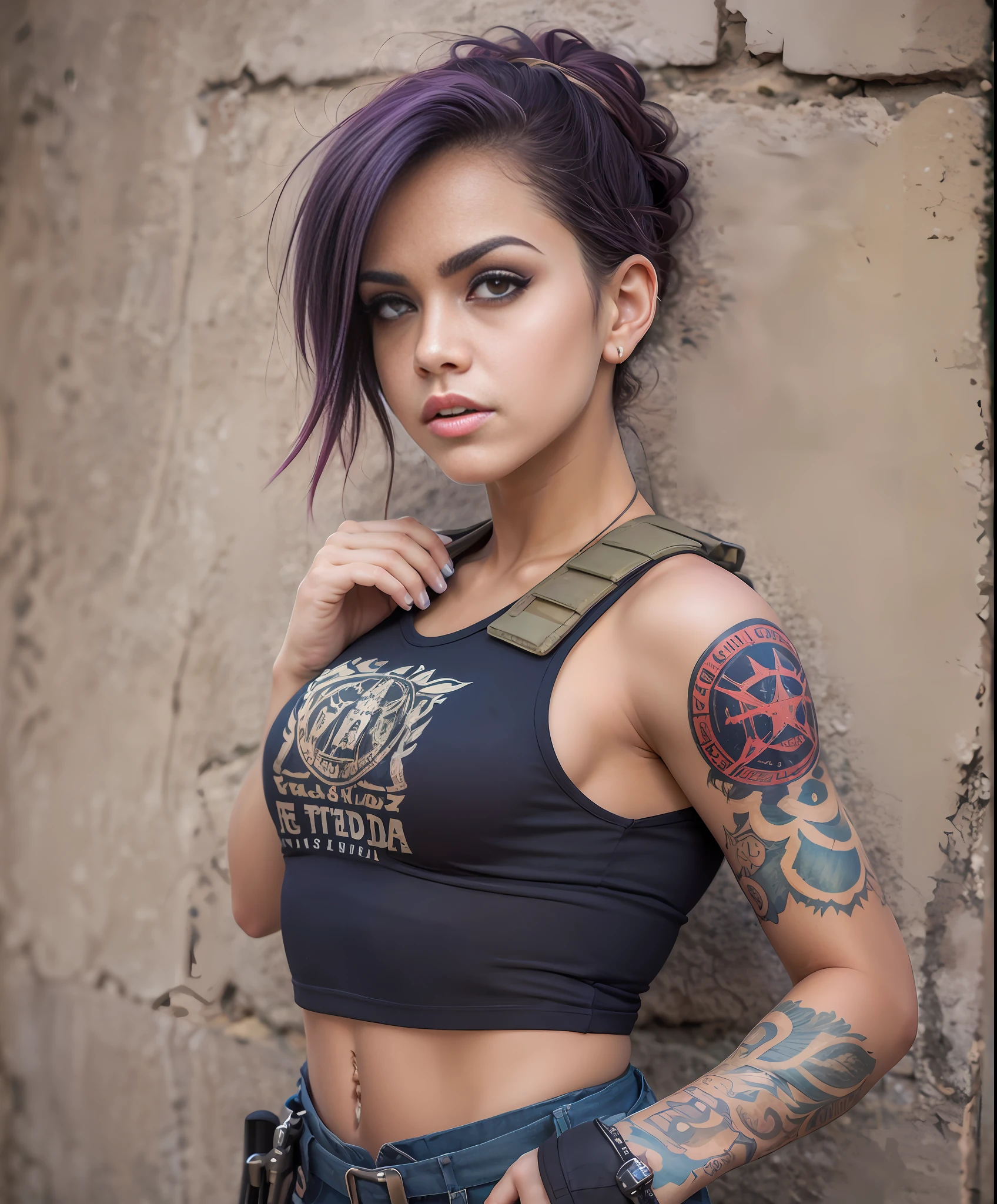 ((Toma de retrato)) Tacticool, Hermosos dedos,Dedos detallados,Mujer, Cara europea, Estilo Tank Girl, Chica punk-rock(Pelo Corto morado y rosa: 1.5), muy tatuado, rebelde, agresiva, encantadora,Chica alternativa,falda militar,(Oeste: 1.2), Ametralladora en manos,militar, 4k, High resolution, obra maestra, La mejor calidad, (cabeza: 1.3), cuero finamente detallado, escote, Gran cerezo en flor.falda,Lean towards the viewer