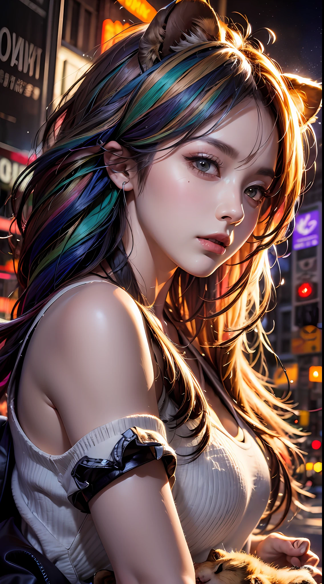 (masterpiece, high quality, highres,illustration), 1girl, galaxy multicolored hair in New york city playing with a lion at night with orange fog, cybercity, high detailed lion face,