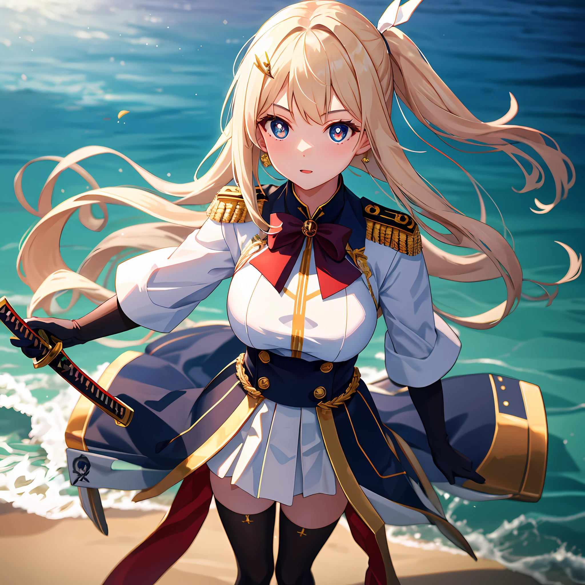 1girll,cabelos preto e longos,Qi bangs,Long ponytail,White bow hairpin,red pupils,beauitful face,crisp breasts,Convex buttocks,White military uniform,Double-breasted gold-tone buckle,White pleated skirt,Black stockings,White gloves,Japanese katana in hand,beachside,Naval warships,perfectly proportioned, Cinematic lighting, filmgrain, Fuji colors, lightand shade contrast, 8K, 巨作, Textured skin, Super detail, high detal, High quality, A high resolution,