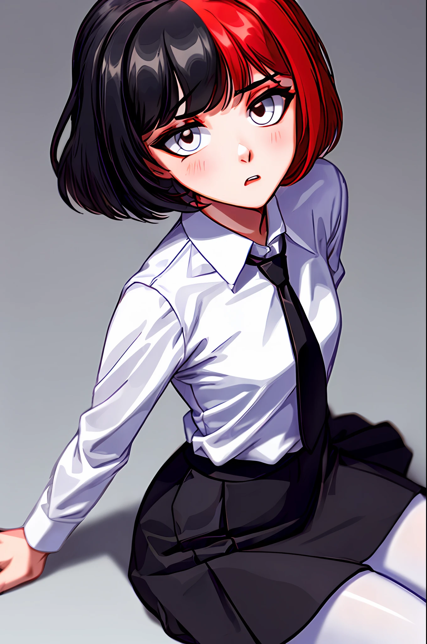 ((tmasterpiece, Best Quality))), ((独奏, 1girl)), ((redhead hair, black  hair, multi-colored hair)), (white  shirt, black necktie), Short Hair Hair, white pantyhose, Sits, very detail, photorealestic, photo realism, Surprised, Puzzled, Sad, Slightly blurry background