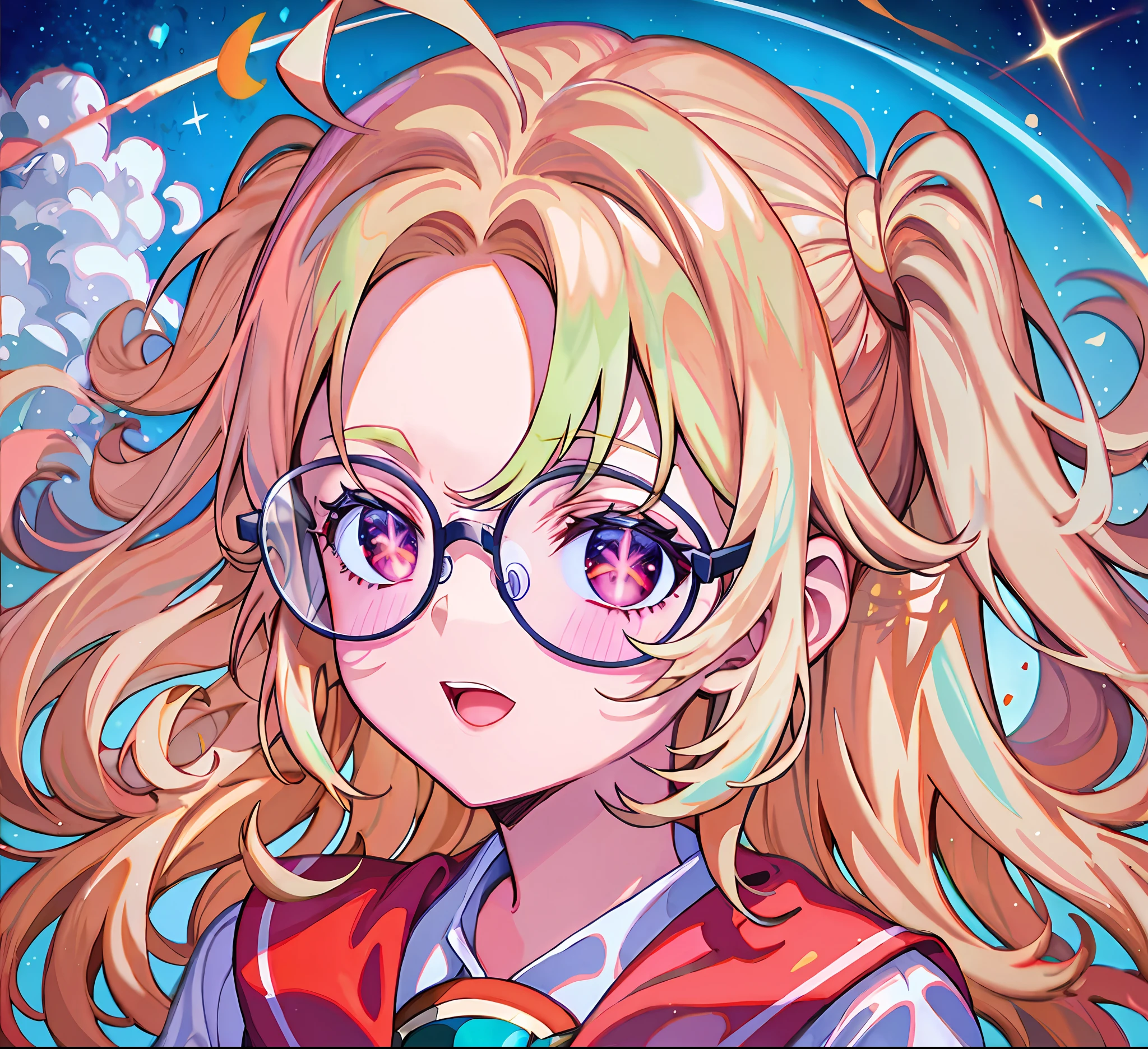 red color eyes,wears glasses、Anime girl with red vest and blue sky, Anime style portrait, Detailed digital anime art, Anime style illustration, Digital anime illustration, anime moe art style, Official artwork, portrait anime space cadet girl, high detailed official artwork, anime character portrait, anime portrait, High Quality Anime Art Style, clean and meticulous anime art, Detailed key anime art, Anime art style