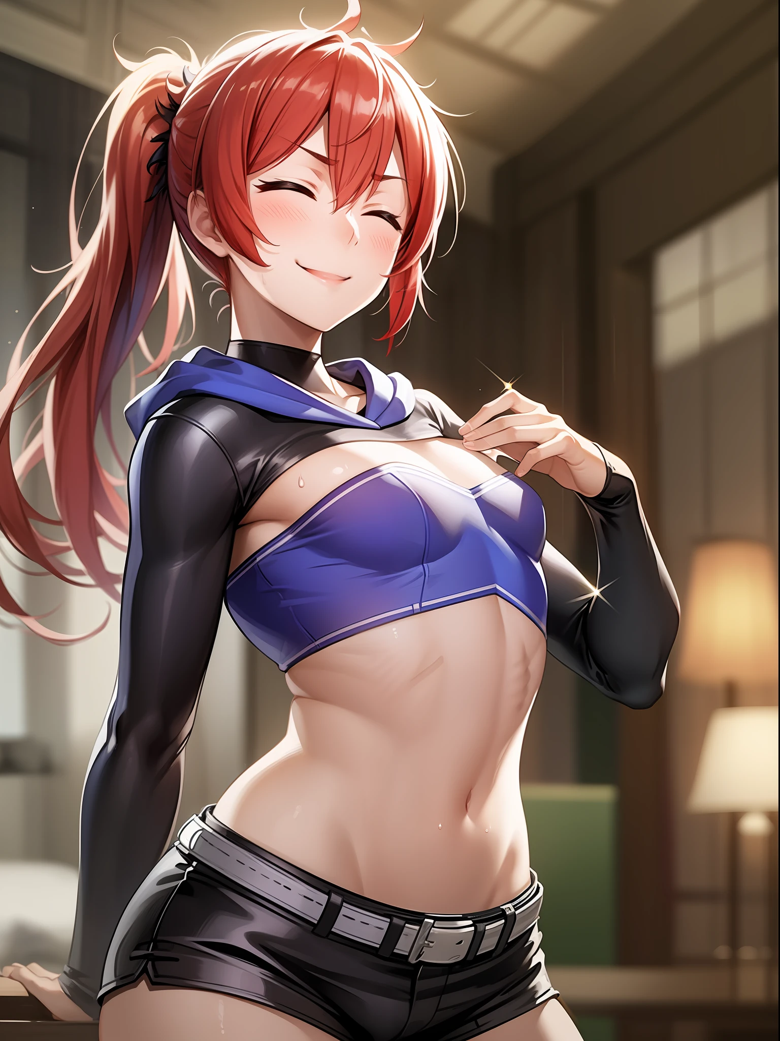 Masterpiece, Best Quality, 1girl, 独奏, red hair, Closed eyes, midriff, Short shorts, bellybutton, pony tail, Smile, Bandeau, stocklings, belt, exteriors, Fantasy, Fantasy City, Lustrous Hair, sparkly skin, hands on thighs, looking a viewer, long sleeves, wide thighs, elastic ass, Average Breasts, From Bottom, the sweat,