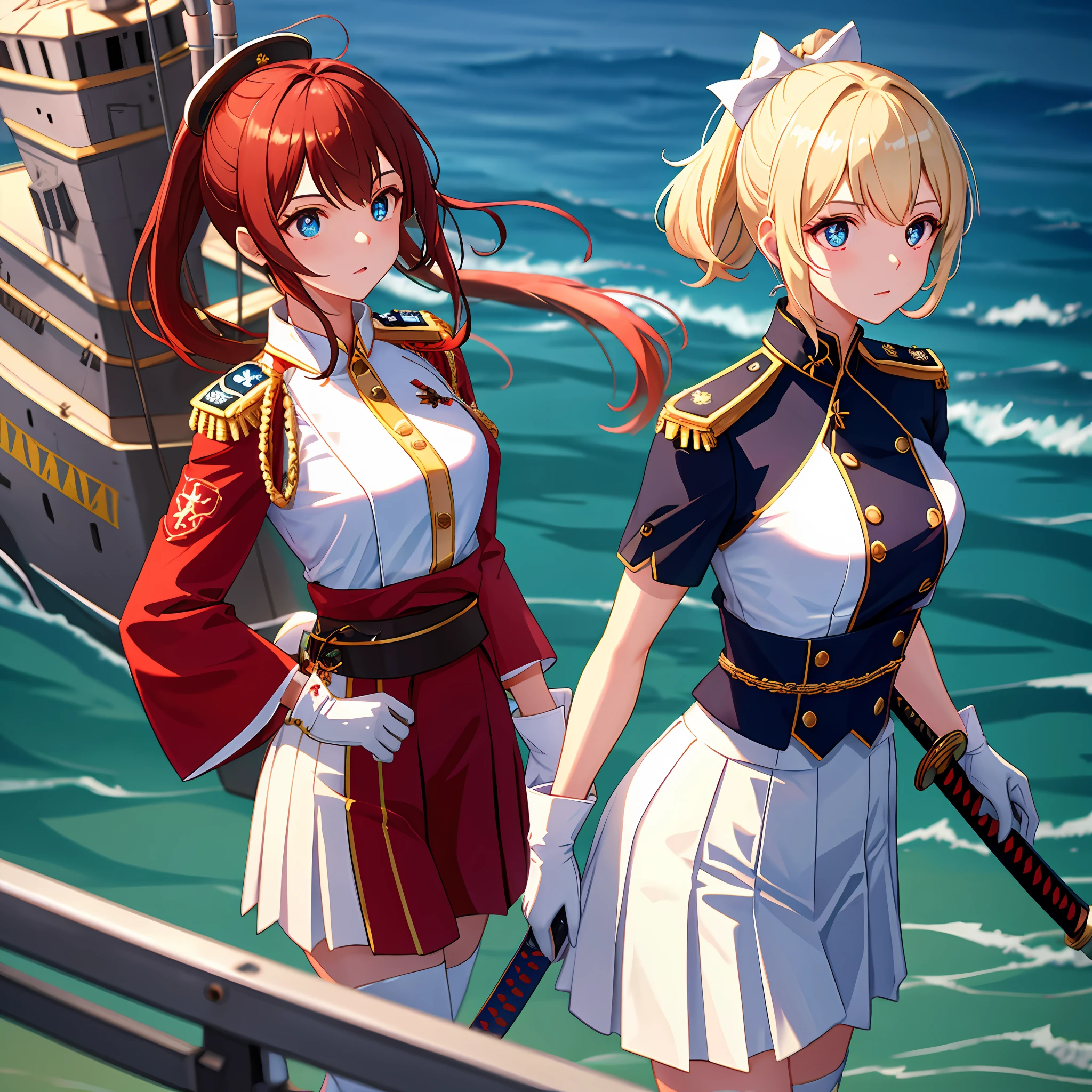 1girll,cabelos preto e longos,Qi bangs,Long ponytail,White bow hairpin,red pupils,beauitful face,crisp breasts,Convex buttocks,White military uniform,Double-breasted gold-tone buckle,White pleated skirt,Black stockings,White gloves,Japanese katana in hand,beachside,Naval warships,perfectly proportioned, Cinematic lighting, filmgrain, Fuji colors, lightand shade contrast, 8K, 巨作, Textured skin, Super detail, high detal, High quality, A high resolution,