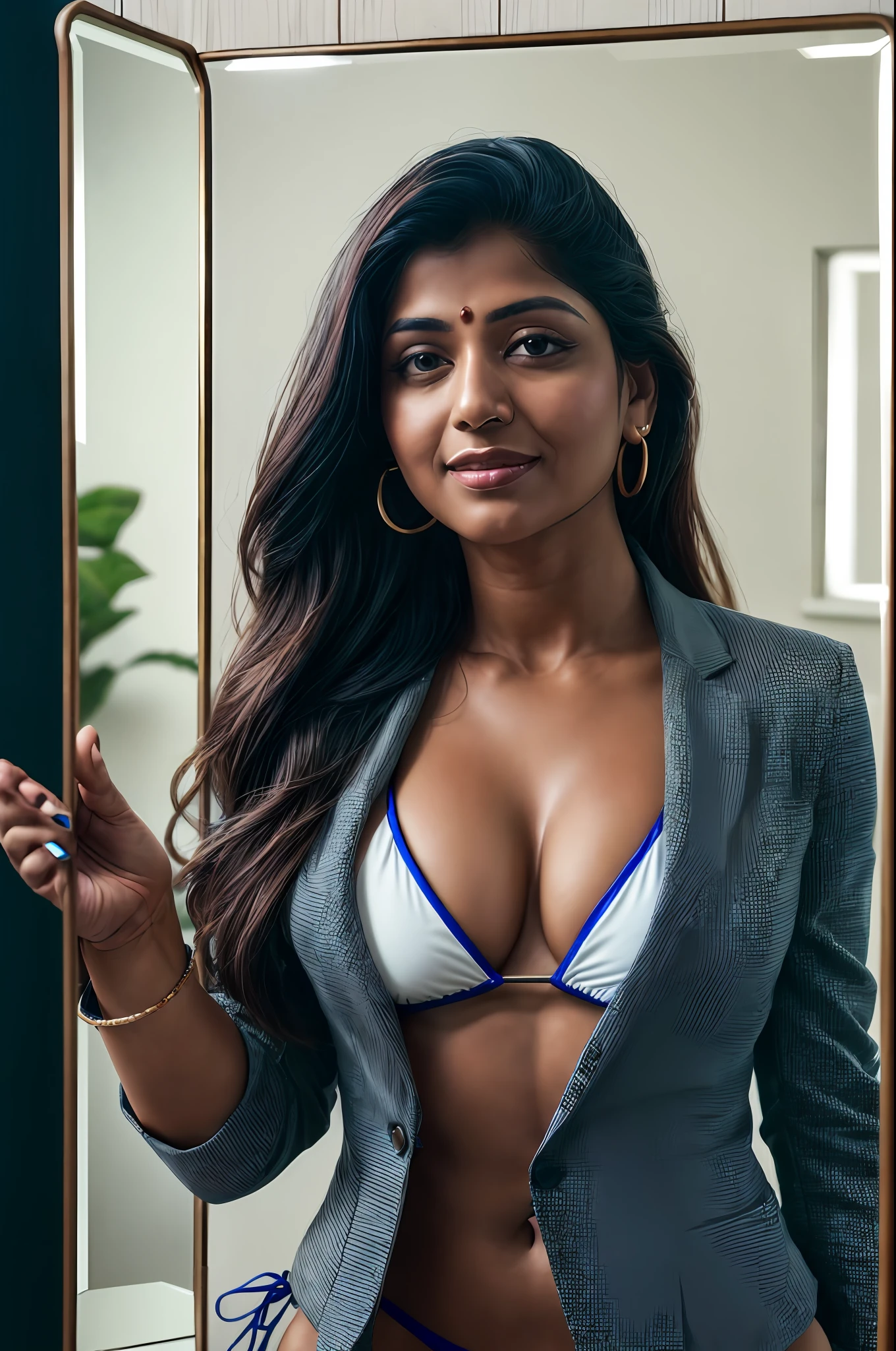 editorial photo of an Indian woman, shot on CineStill 800T, ((wearing blazer and bikini:1.4)), in skyscraper, office meeting, 32k, cinematic composition, professional color grading, film grain, atmosphere, wondrous, visible navel, ((anatomically correct:1.4)), hyperrealistic, (looking at camera), skirt pulled down, busty, curvy, smiling, ((reflection on a mirror:1.4)), looking at a mirror