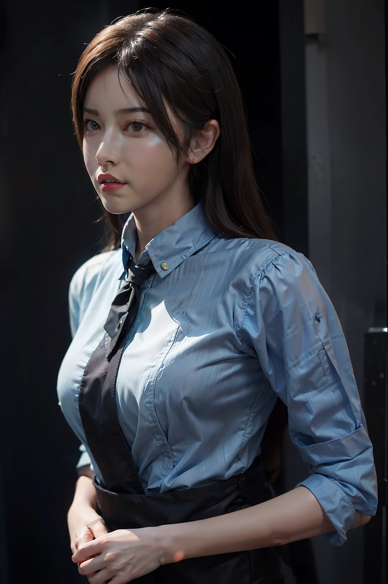 Hyperrealist portrait of female by david hockney and alphonse mucha,fantasy art, photo realistic, dynamic lighting, artstation, poster, volumetric lighting, very detailed faces, 4 k, award winning,, 1girl, in the dark, deep shadow, low key,cowboy shot,(official clothing:1.4) ,long hair,white hair,