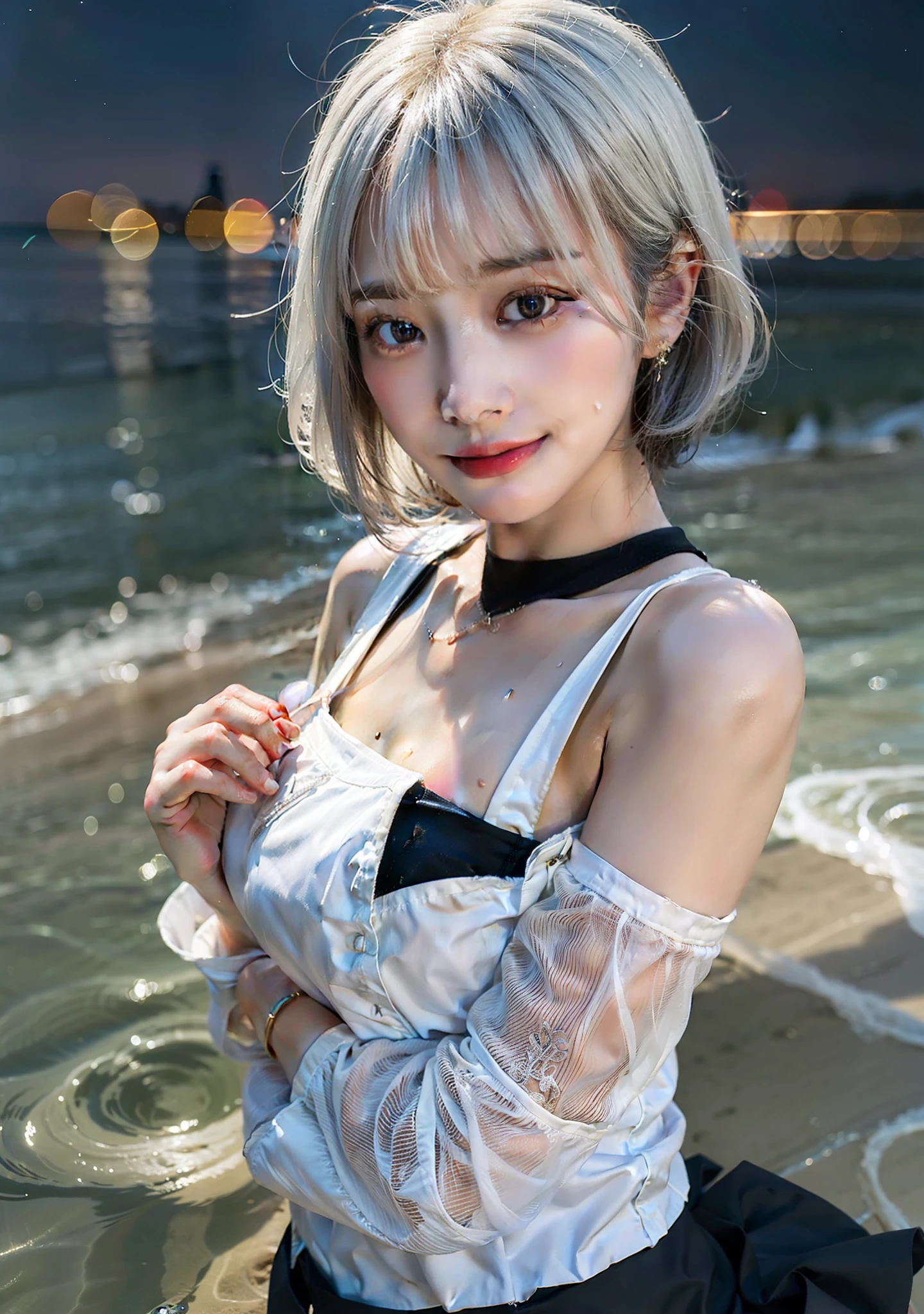 Transparent, wet, gradient, white short swim suit,ted white hair,short hair,dynamic pose,black short skirt,on the beach,night,starry sky,smile,big breast,she hand touching on her breast,the portrait from a far distance,black stocking.
