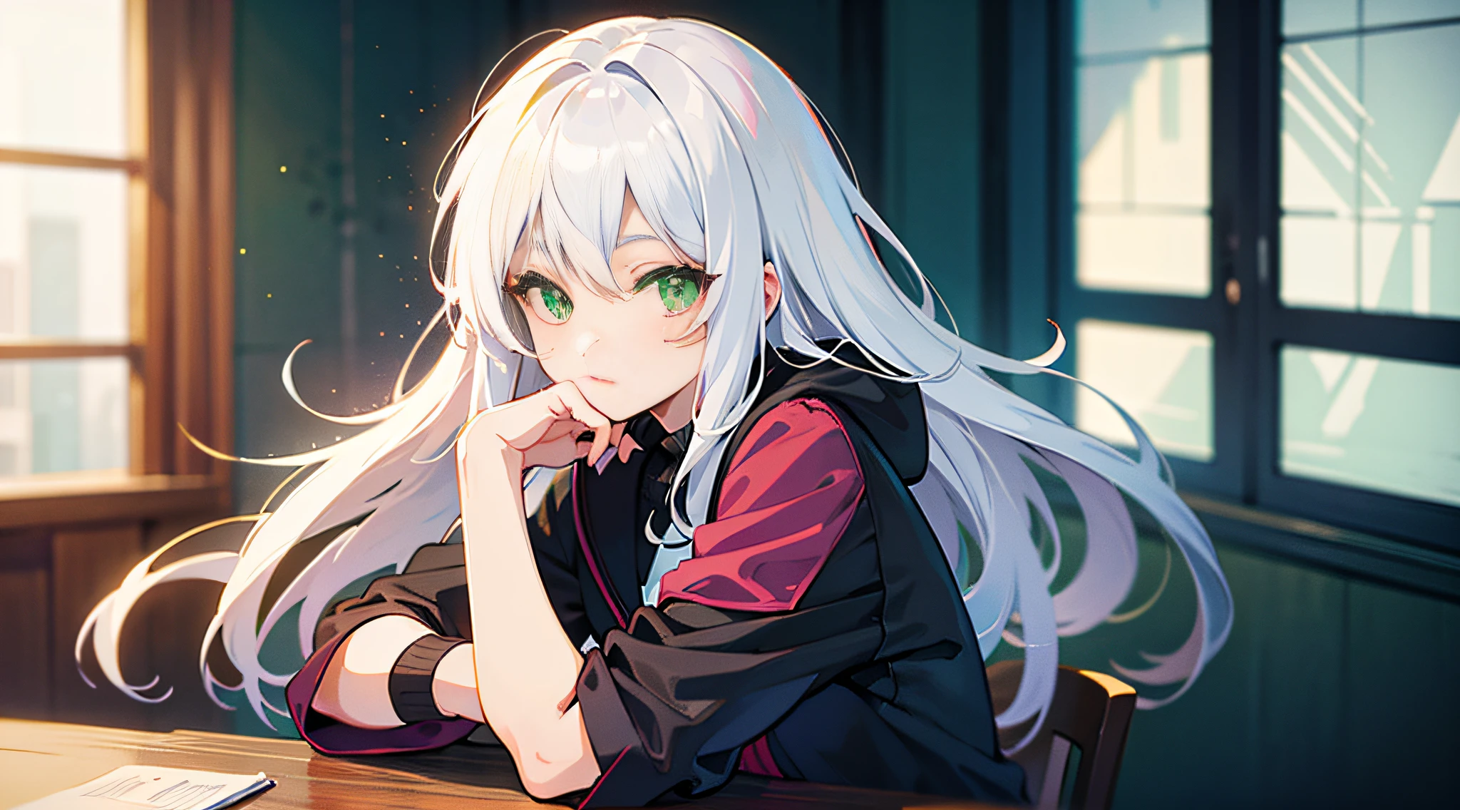 Anime girl sitting on table drinking sprite,Digital anime illustration,White hair,Green eyes --auto