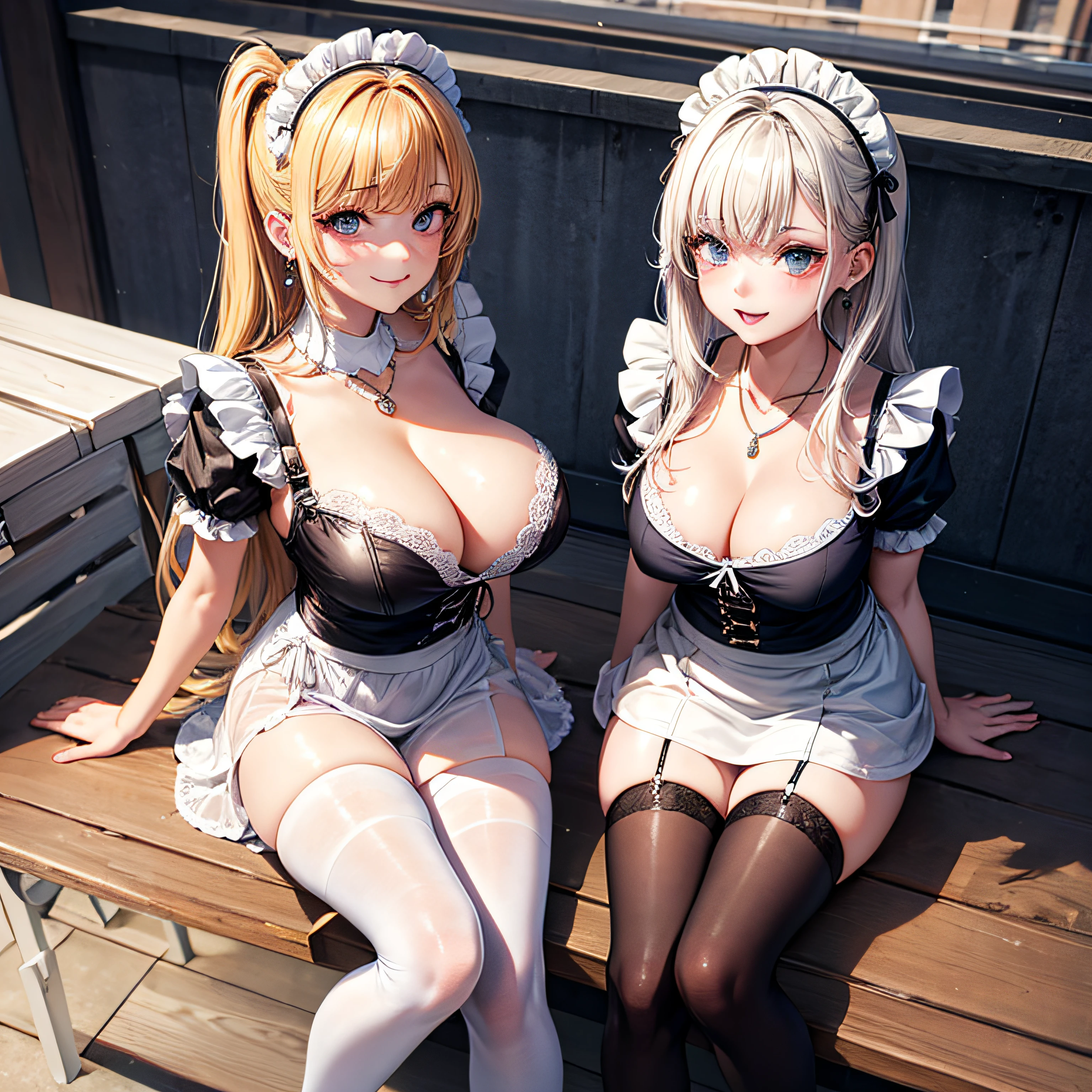 two girls 8K RAW photos, high resolution, very big breasts, bossy pose, moody smile, pretty bright blonde hair, maid clothes, school rooftop, school bench, beautiful thighs, beautiful knees, thighhighs, two beautiful girl at , round face, baby face, very thin mouth, beautiful eyes in detail, long eyelashes, beautiful double eyelids, sanpaku eyes, duck mouth, blunt bangs, earrings, necklace,