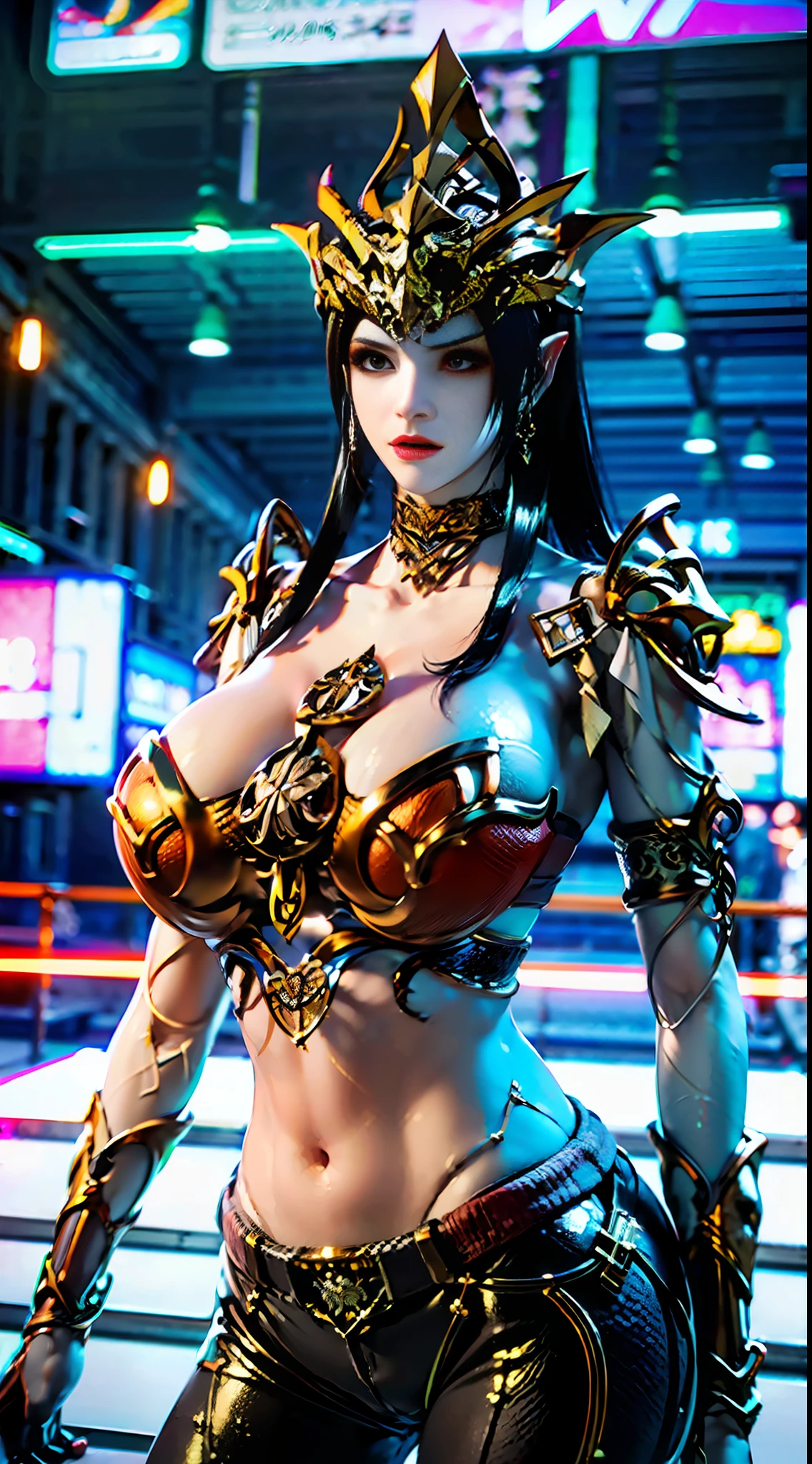 ((Unreal Engine 5)), Realistic Rendering, Excellent, lights on armor, cybernetic headwear, helm, (Yoga Pants), looking on viewer, posing walkdown on street, beautiful face, makeup, (photorealism:1.2), ultrarealistic uhd face, (huge fake boobs:1.4), (gigantic breasts:1.1), (muscle abs), (big butt), (wide hips), (thick thighs), slim waist, hourglass figure, half body, ((glowing skin)), ((shiny skin)), Realistic body, ((she is sexy)), ((clean skin)), photorealistic, bokeh, motion blur, masterpiece, highres, 1080P, super detail, textured skin