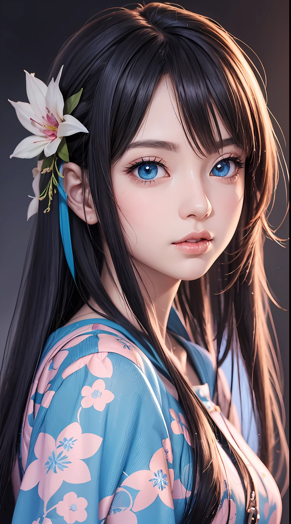 Anime girl with long black hair and blue eyes，Smooth anime CG art，Realistic anime 3 D style，Realistic anime art style，Detailed digital anime art，Digital anime illustration，Realistic anime art style，Kawaii realistic portrait，detailed portrait of an anime girl，a beautiful anime portrait，photorealistic anime girl rendering，Realistic young anime girl， portrait anime girl