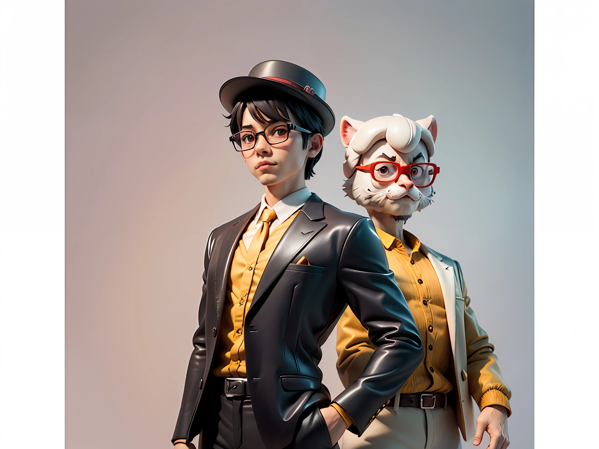 Young man with oriental face in leather hat, tiger, oriental face in formal suit, short black hair, silver glasses, digital painting, 3D character design by Mark Clairedon and Pixar and Hayao Miyazaki and Akira Toriyama, the illustration is a high-definition illustration in 4K resolution with very detailed  features and cartoon-style visuals.
