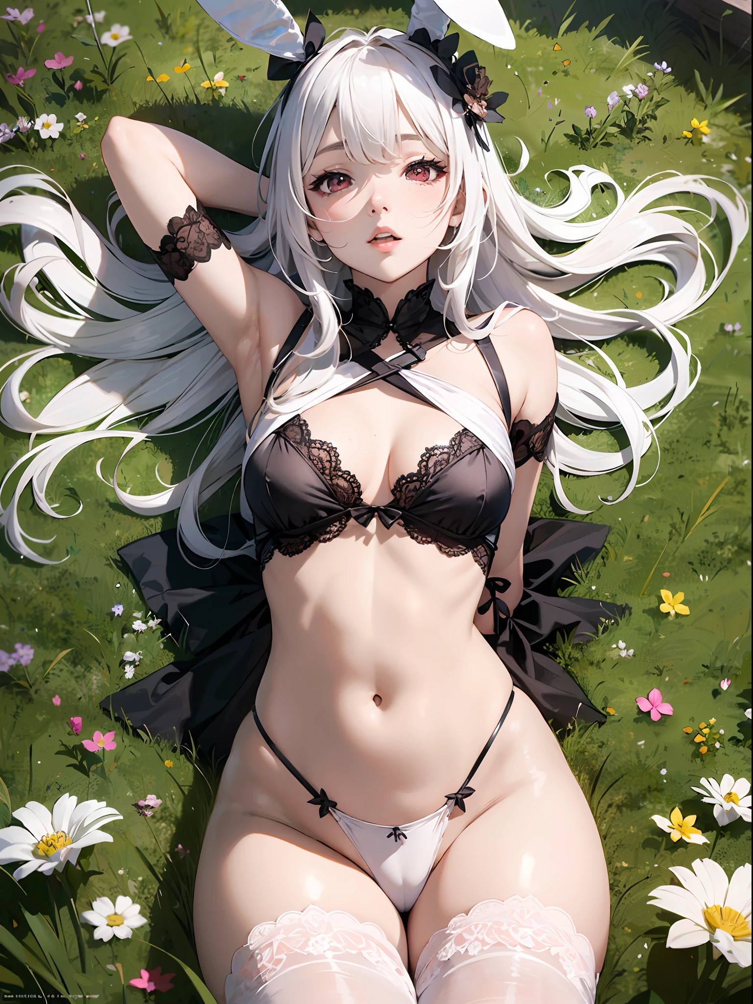 {best quality}, {{masterpiece}}, {highres}, original, extremely detailed 8K wallpaper, 1girl, {an extremely delicate and beautiful},（（conjoined white silk,））,solo,bunny_ears,white_hair,red eyes,Bunny Girl,(((pov crotch))),((lawn)),((legs apart)),((lying on back)),（no underwear）