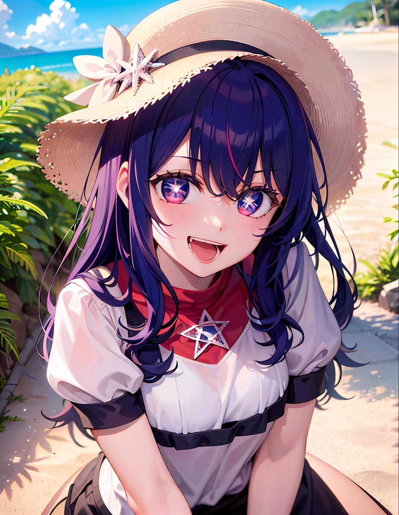 tmasterpiece,Need,full bodyesbian,1girll,Pentagram in the eye,Smile ,Open mouth ,shortsleeves,shortpants,Round flower hat,beachside,precipice,sunraise