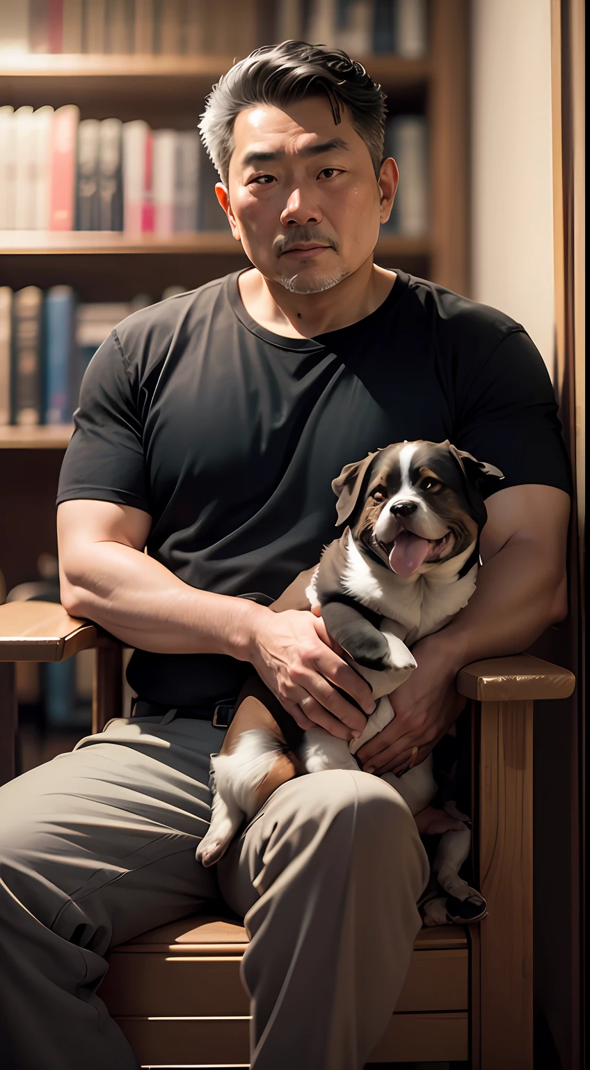 An Asian man, man in his 40s, slightly gray hair, brown eyes, black shirt, sitting in front of a bookcase, holding a dog beside him, 50mm lens portrait, 50mm portrait , old man 50 years old, photo of man, photo taken with sony a7r, portrait shot 8k, taken with sony alpha 1 camera