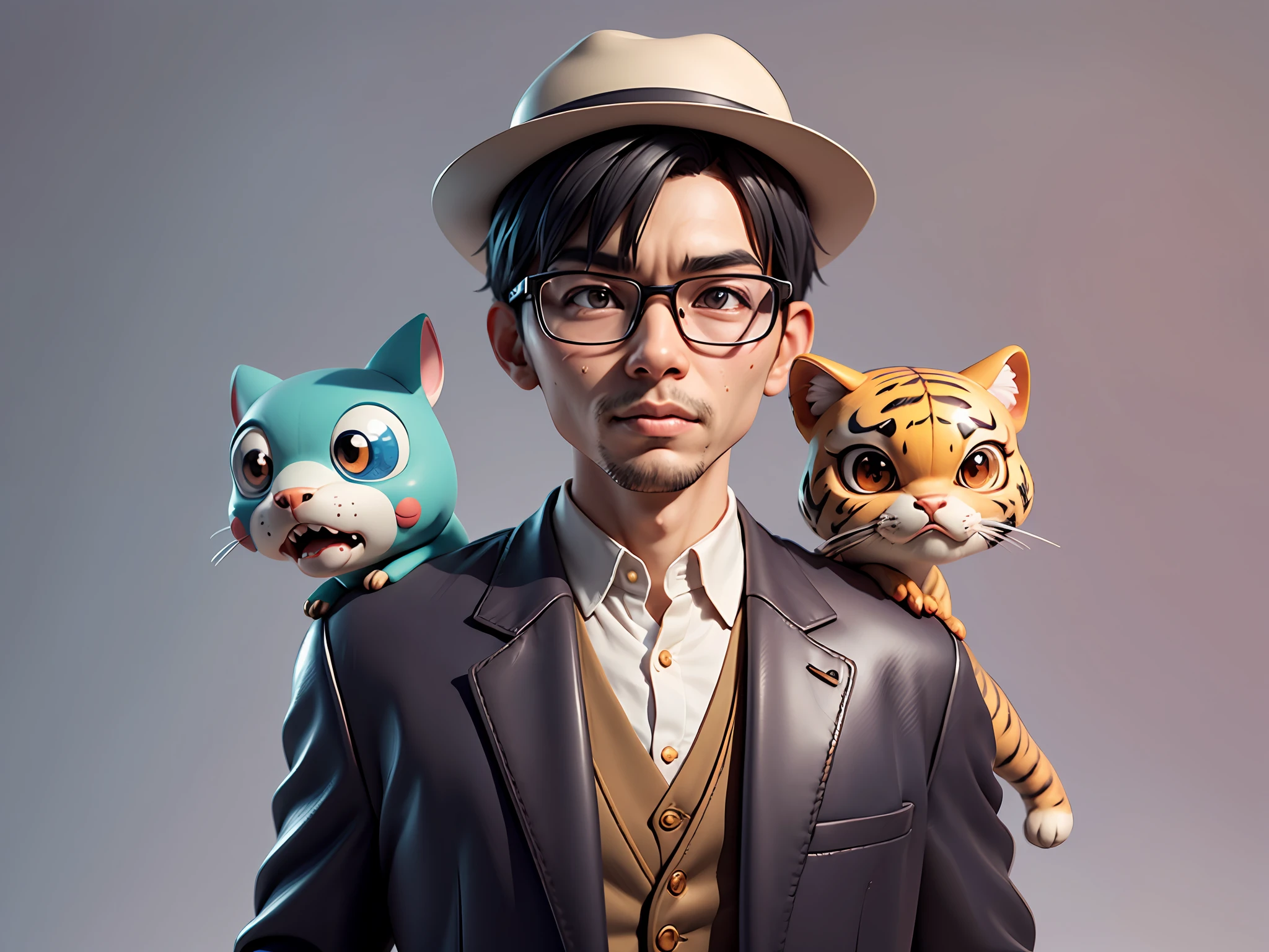 Young man with oriental face in leather hat, tiger, oriental face in formal suit, short black hair, silver glasses, digital painting, 3D character design by Mark Clairedon and Pixar and Hayao Miyazaki and Akira Toriyama, the illustration is a high-definition illustration in 4K resolution with very detailed facial features and cartoon-style visuals.