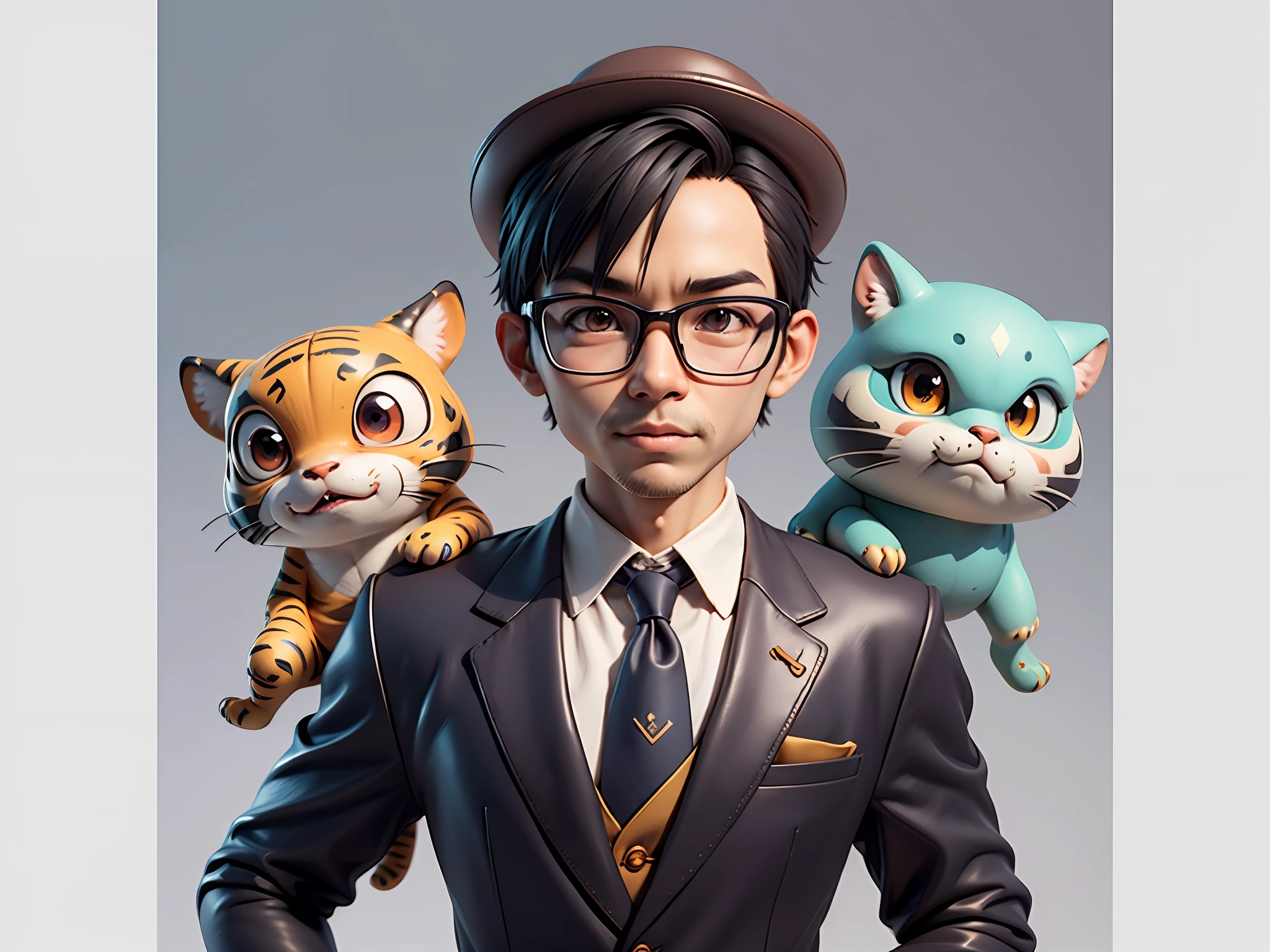 Young man with oriental face in leather hat, tiger, oriental face in formal suit, short black hair, silver glasses, digital painting, 3D character design by Mark Clairedon and Pixar and Hayao Miyazaki and Akira Toriyama, the illustration is a high-definition illustration in 4K resolution with very detailed facial features and cartoon-style visuals.