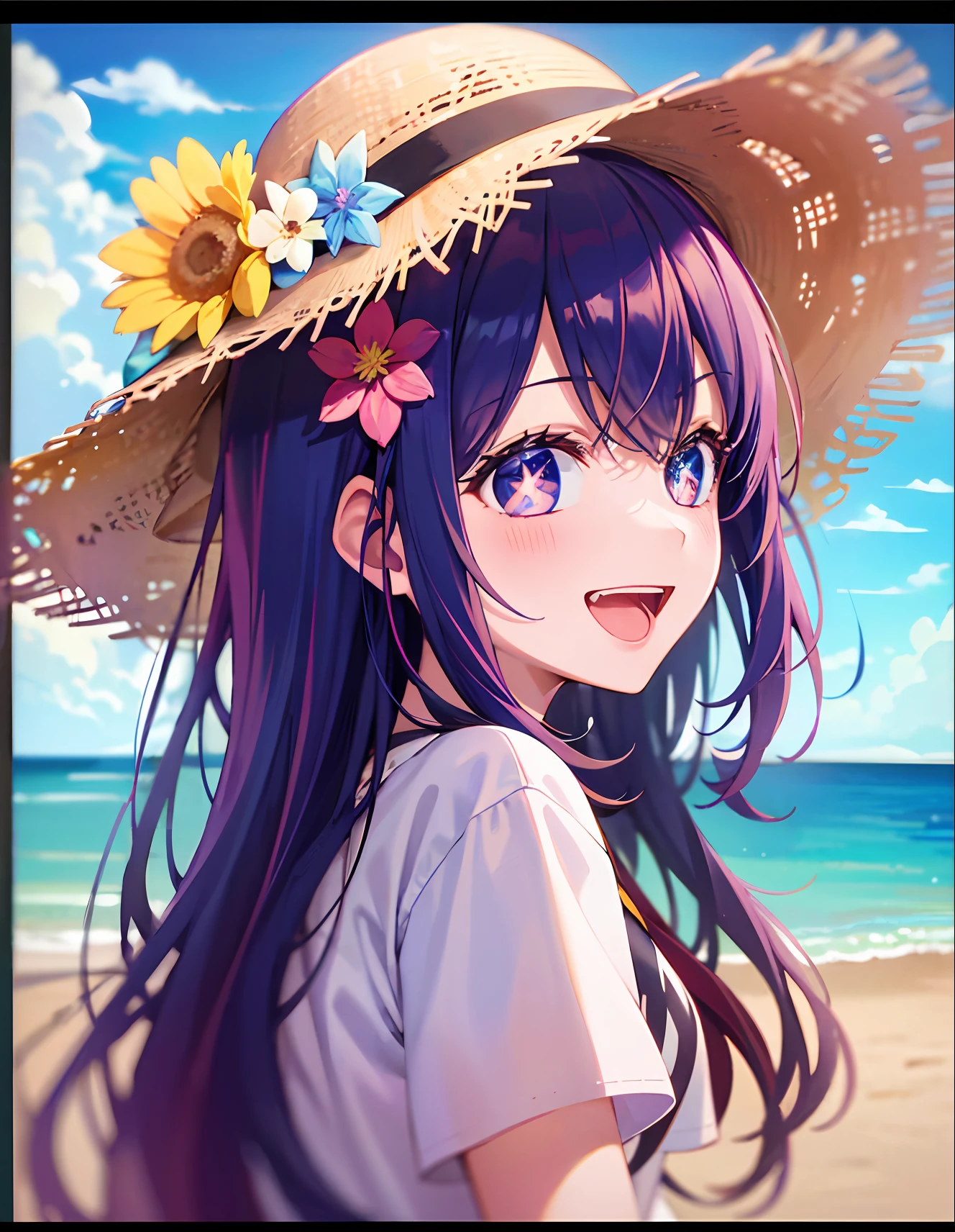 tmasterpiece，Need，full bodyesbian，1girll，（（There is a five-pointed star in the eye）），Smile ，Open mouth ，short sleeve T-shirts，shortpants，Round flower hat，beachside，precipice，sunraise