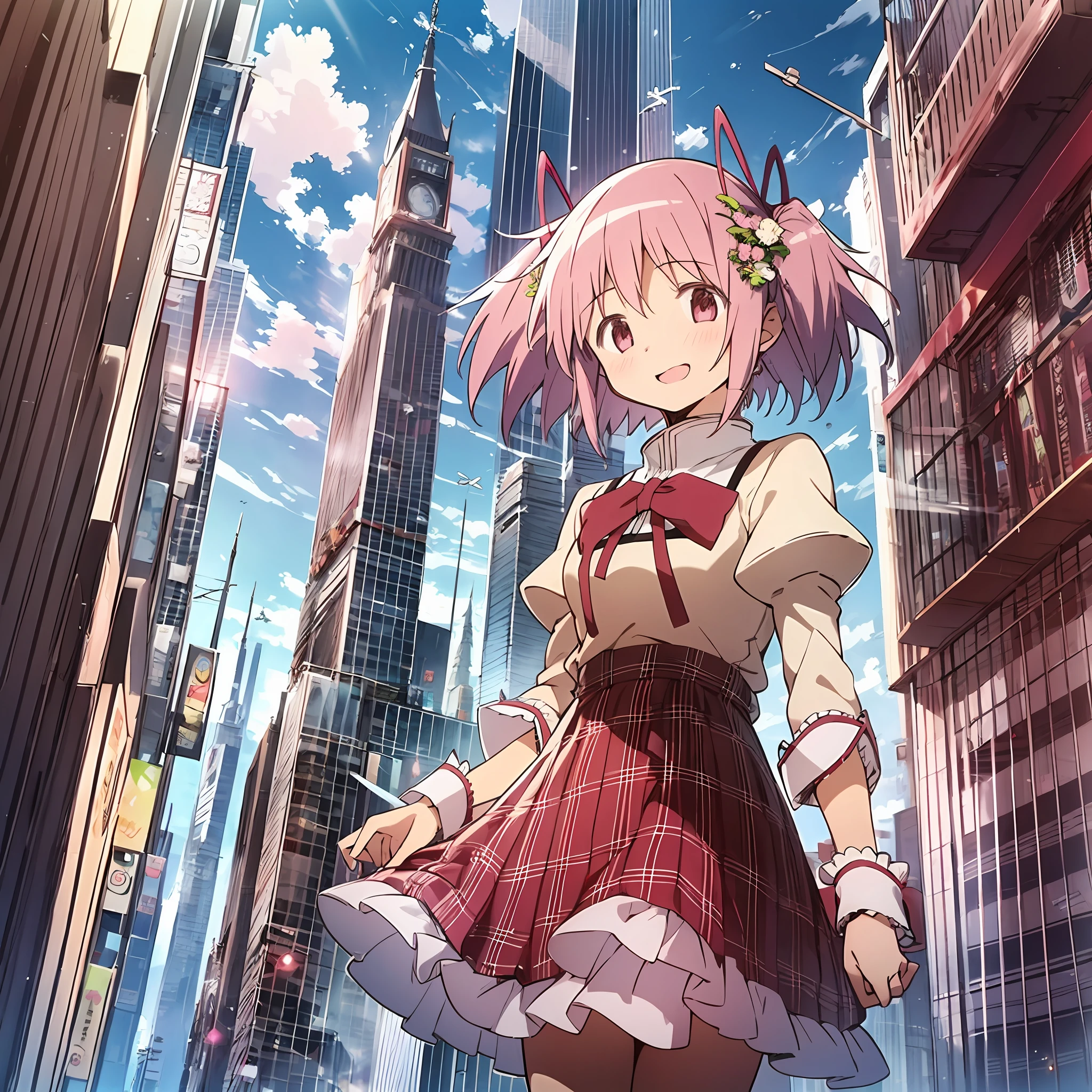 best quality, abusurdity, 1girl, solo, pink hair, magical girl, dress, cute, girlish, fancy, madoka, city, detailed background