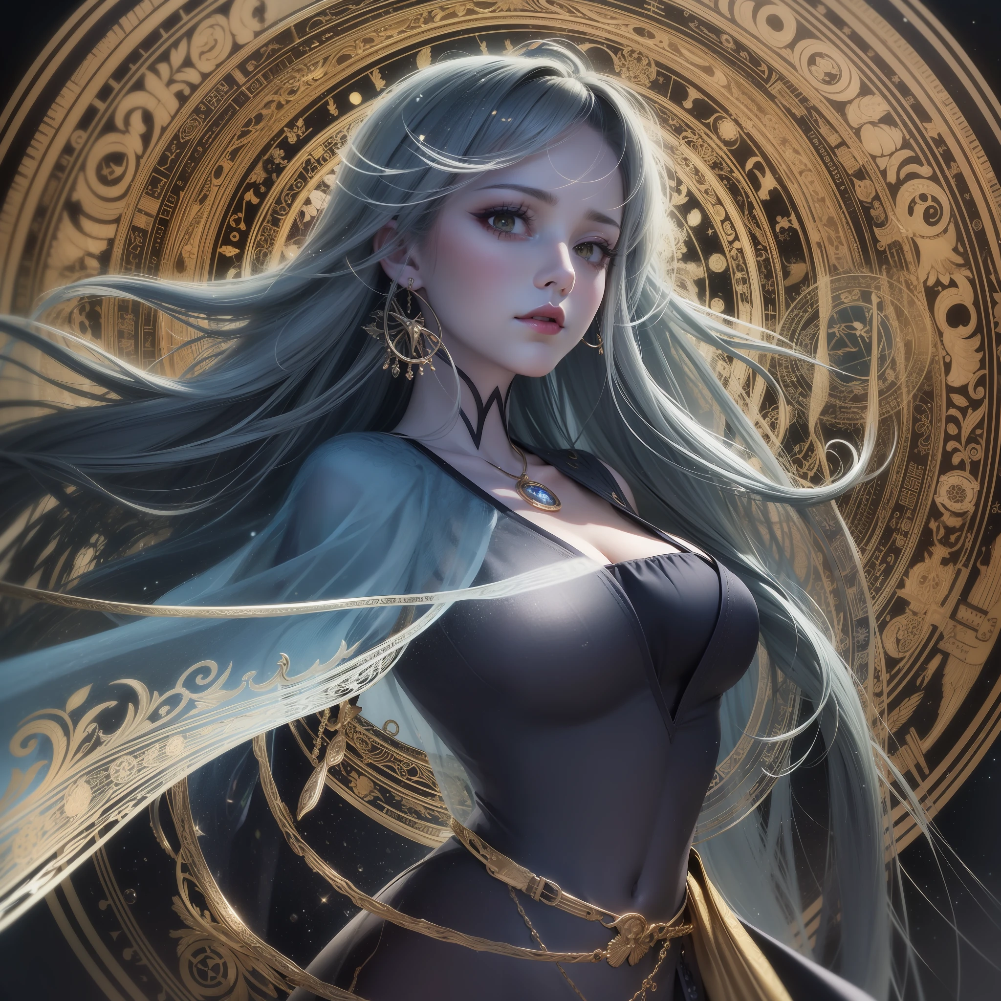 High resolution, Highest Quality, ultra-quality, Super Detail, A hyper-realistic, Photorealistic, Anime, Illustration, Fantasy, Northern Renaissance style, super beautiful goddess, Mysterious, Enchanting, sharp slit gold eyes, flowing layered side braided white hair, Tattoos, perfectly proportions, Full body, Black veil, wearing see-through robe embroidered with gold, background galaxy, Magic Circle, Kaleidoscope, rainbow and gold neon light many lines