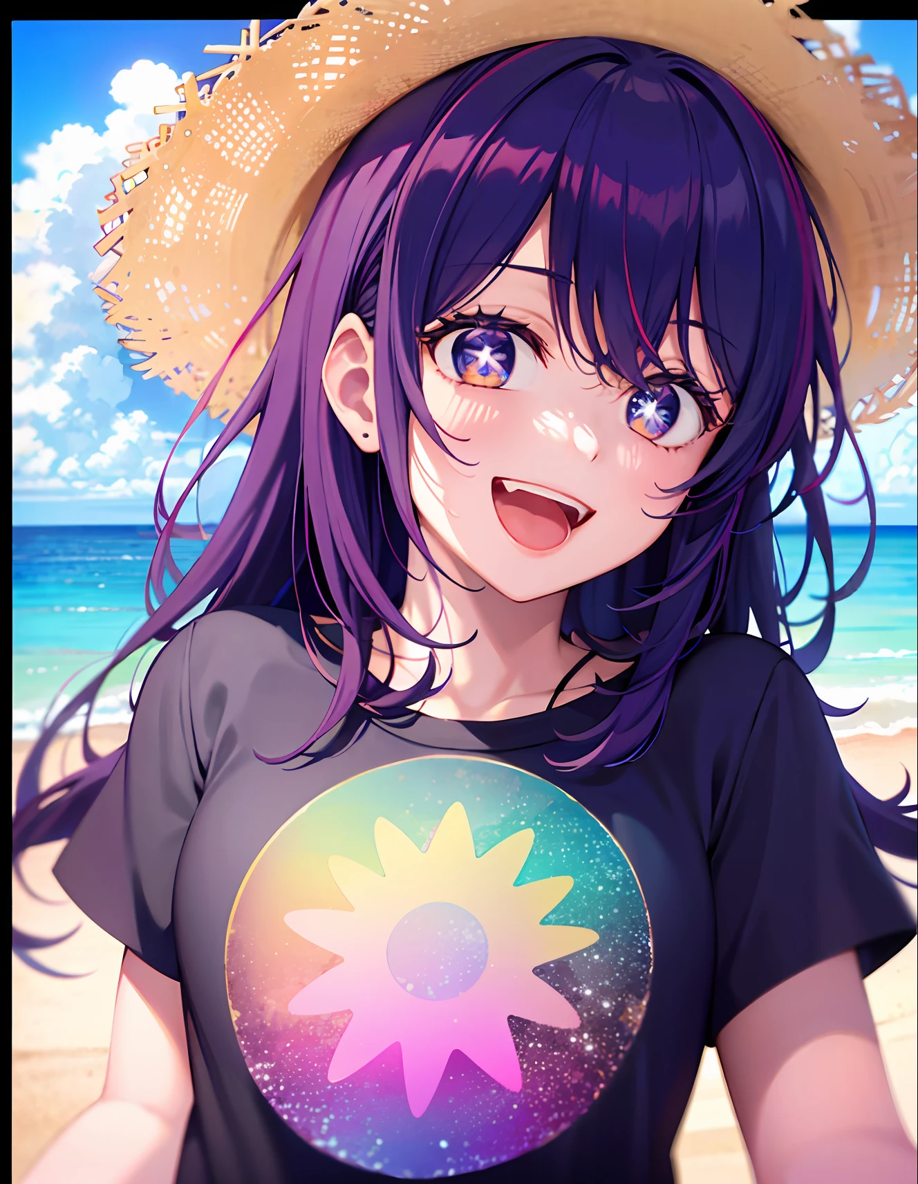 tmasterpiece,Need,full bodyesbian,1girll,((There is a five-pointed star in the eye)),Smile ,Open mouth ,short sleeve T-shirts,shortpants,Round flower hat,beachside,precipice,sunraise