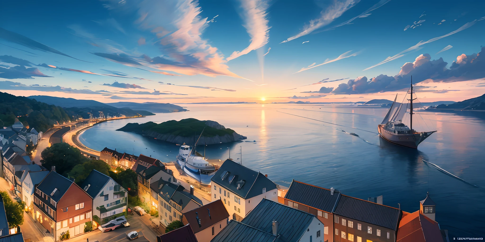 (obra-prima) Realistic image of a Danish fjord, Perto de: Barco Vicking, num por do sol com nuvens laranjas e roxas