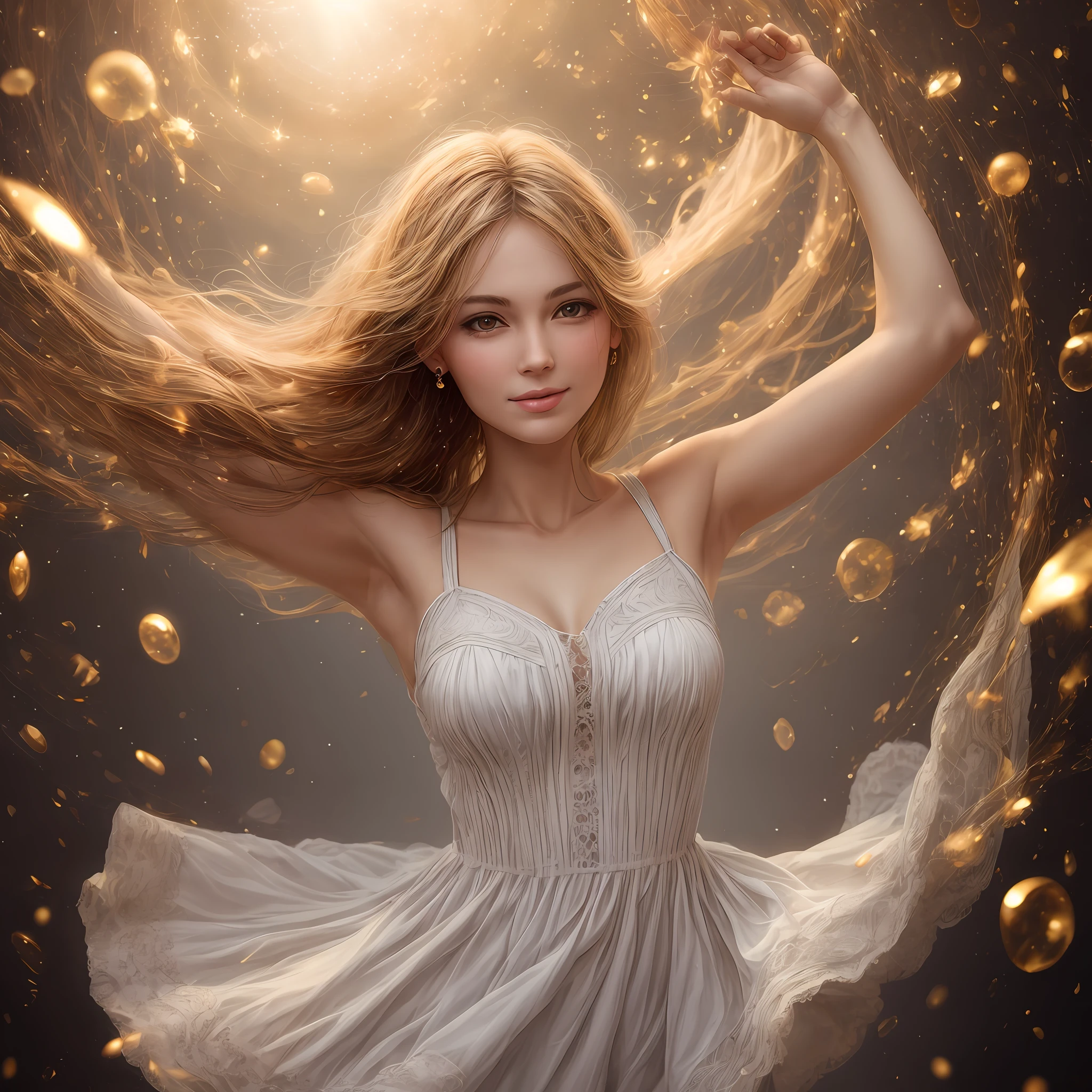 best quality, masterpiece, upper body,
(adult:1.6) hungarian woman, (smirk:0.4), arms behind head,
braided golden hair,
sparkling eyes,
victorian sundress,
floating light particles, centered, --auto