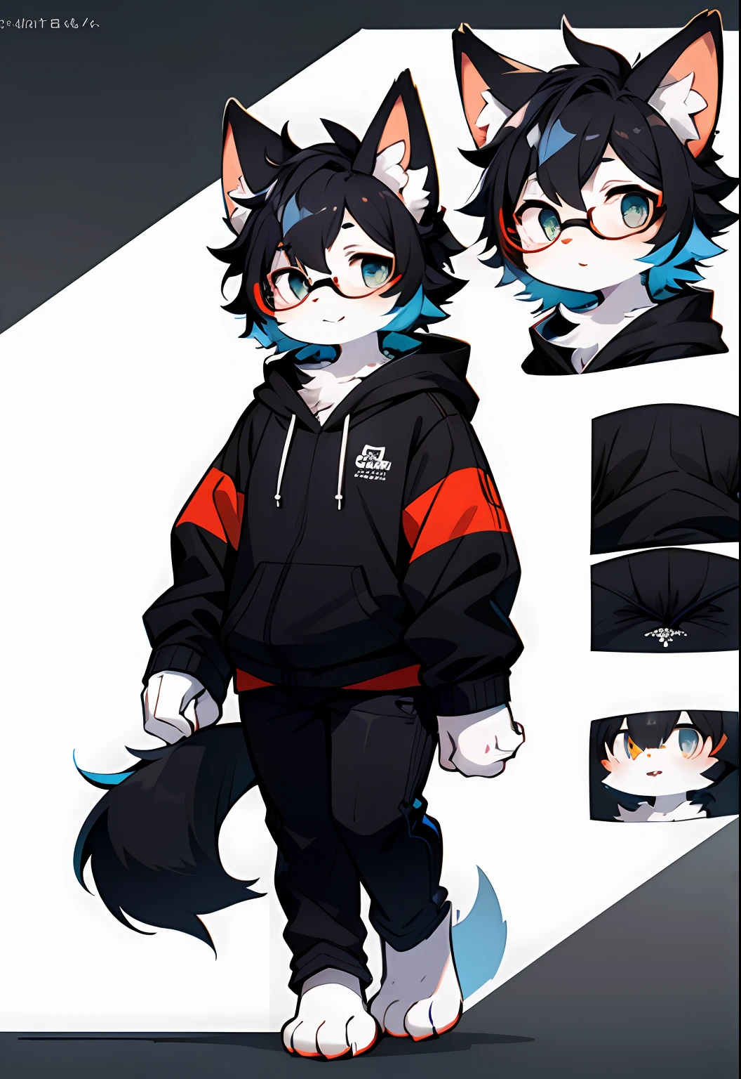 best qualtiy，hairy pubic，Ultra-fine fur，黑The eye，独奏，shaggy male，underage，Full Body Furry，Fluffy fur，Black color hair，White paws，Blue-white fur，Dark blue sweatshirt，Long black pants，grey ears，Gradient hair，multicolored hair，Black glasses，Fluffy tail，red striped，short detailed hair，Blunt bangs，hooding，Nudy，hyper cute face，reference sheet