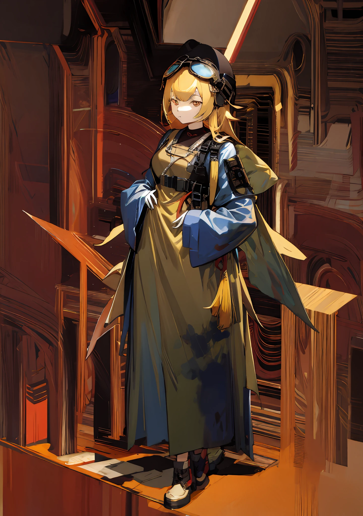 Wear a military helmet with goggles,delicated,Standing painting