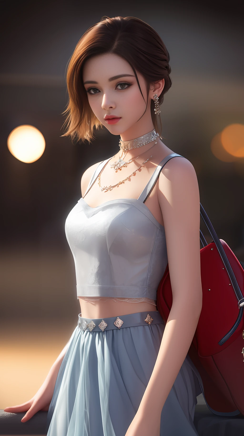 best qualtiy,tmasterpiece,A high resolution,1girl,Porcelain skirt,hair adornments,choker necklace,jewely,beautiful face,sideface,Side Body,Sideways,Physically,dingdall effect,realisticlying,Waiting at the station,edge lit,twotonelighting,(highdetailskin:1.2),8k uhd, dslr, softlighting, high high quality, volumettic light, sneak shot, photore, A high resolution, 4k, 8k, Background bokeh,