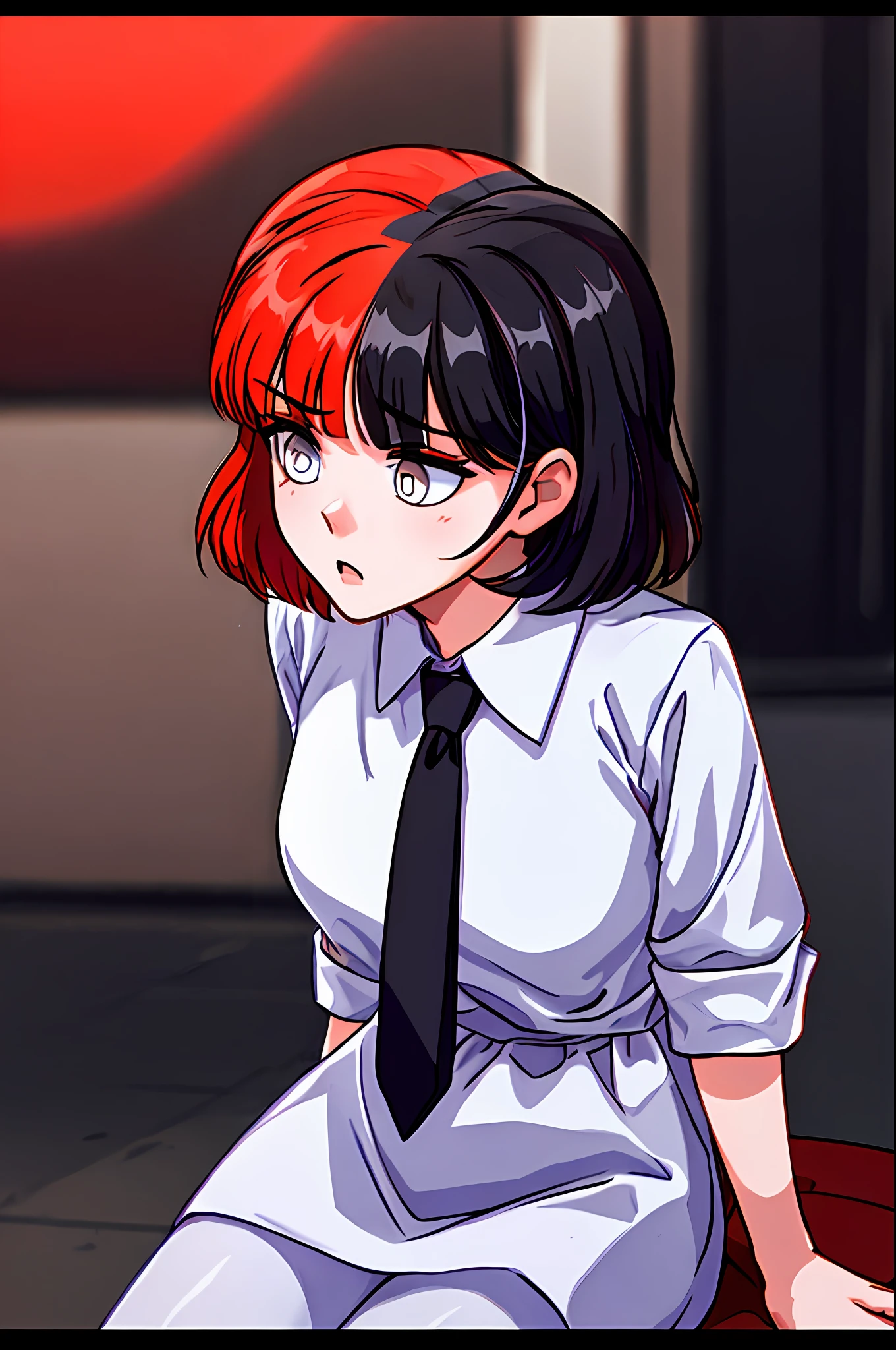 ((tmasterpiece, Best Quality))), ((独奏, 1girl)), ((redhead hair, black  hair, multi-colored hair)), (white  shirt, black necktie), Short Hair Hair, white pantyhose, Sits, very detail, photorealestic, photo realism, Surprised, Puzzled, Sad, Slightly blurry background