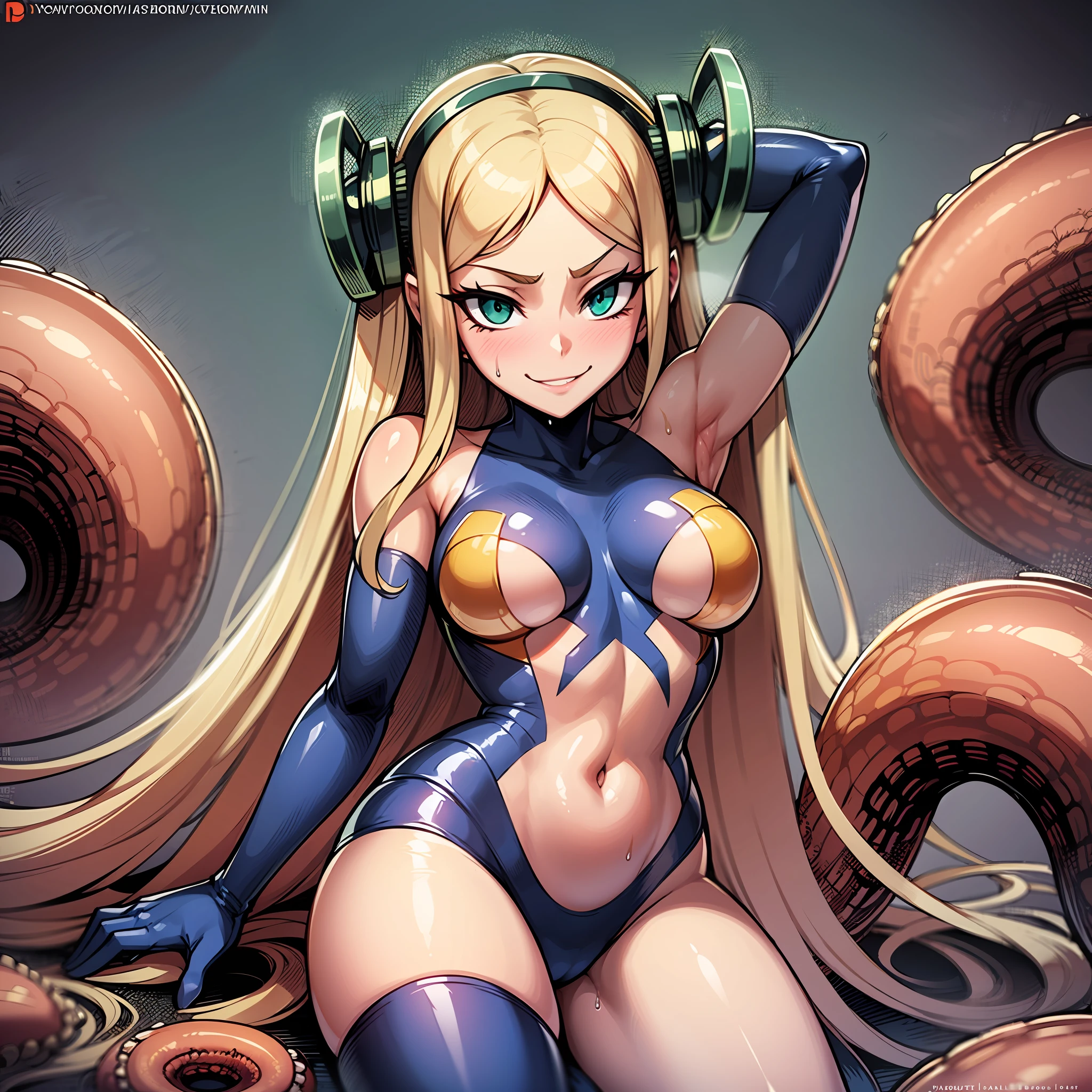 Woman wearing hot water dripping tentacles、evil smile、Lustrous tentacles、Cel Shade Adult Animation、Metroid Suit、long  hair