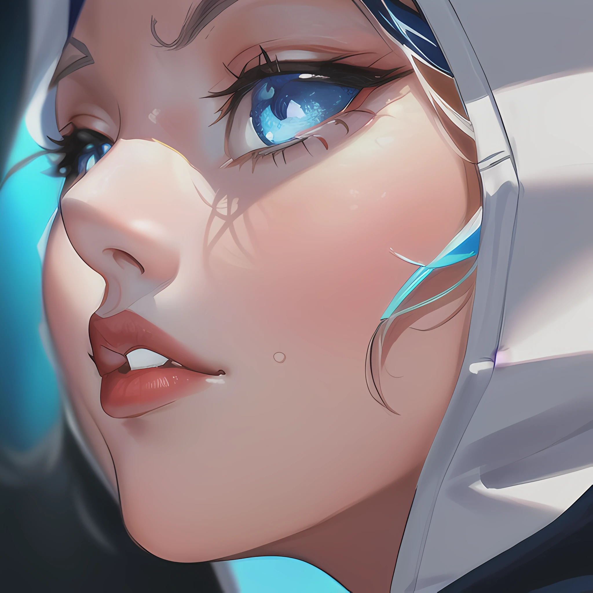 ((close up portrait of middled age woman with a hood on & with big huge giant blue eyes & tiny nose & closed big huge giant full lips!!!:1.5)), she is looking at the camera & her expression is solemn, colorfull anime portait, colorfull anime profile, solemn expression, mysterious portrait of a woman, inspired by Naruto anime series, myself, mysterious portrait, mysterious eerie portrait, night!!! (((masterpiece))), (((best quality))), ((ultra-detailed)), (highly detailed anime illustration), ((an extremely delicate and beautiful)),(from side),cinematic light,((1anime woman)),solo, black background, extreme detailed,colorful,highest detailed