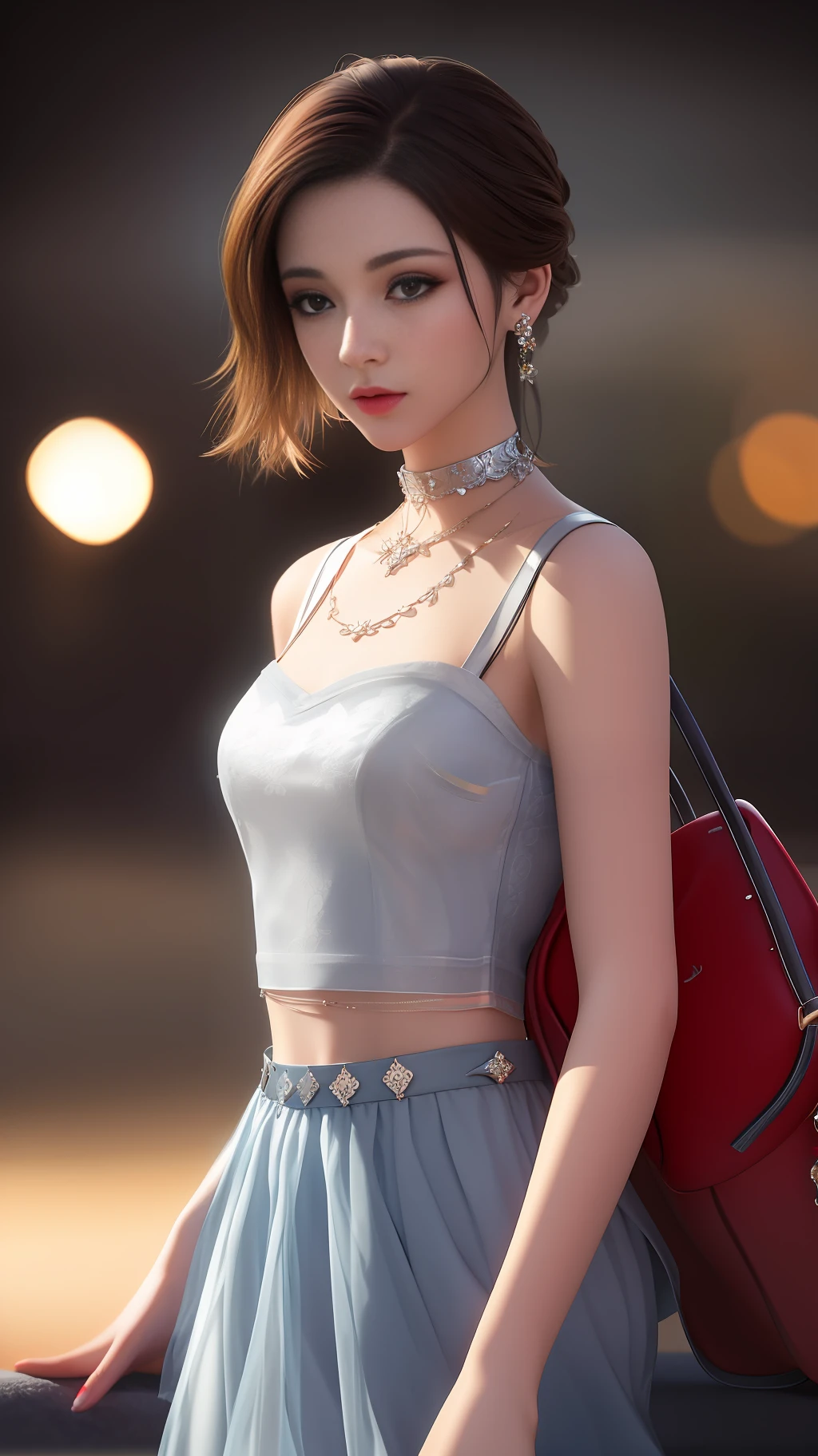 best qualtiy，tmasterpiece，A high resolution，1girl，Porcelain skirt，hair adornments，choker necklace，jewely，beautiful  face，sideface，Side Body，Sideways，Physically，dingdall effect，realisticlying，Waiting at the station，edge lit，twotonelighting，（highdetailskin：1.2），8k uhd， dslr, softlighting, high high quality, volumettic light, sneak shot, photore, A high resolution, 4k, 8k, Background bokeh,