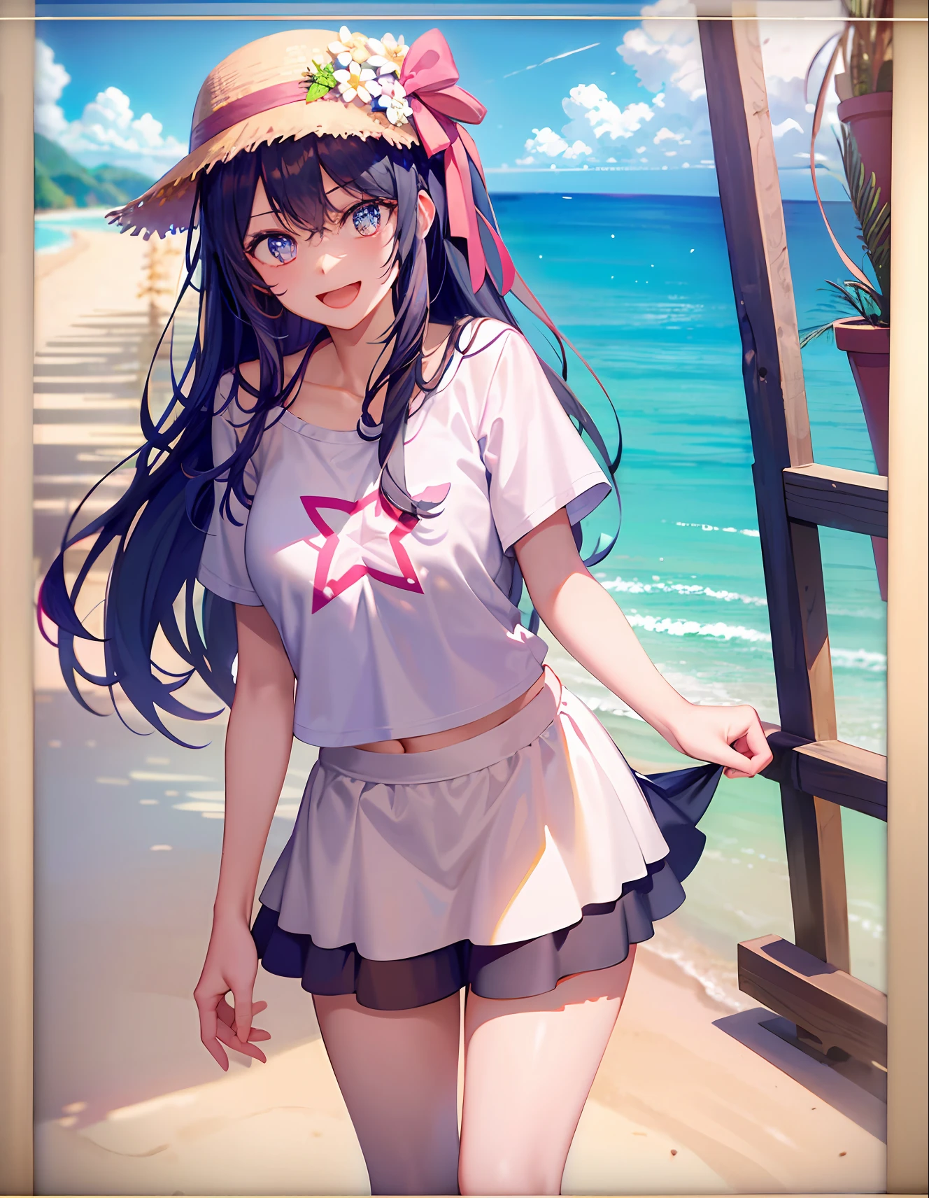 tmasterpiece,Need,full bodyesbian,1girll,((There is a five-pointed star in the eye)),Smile ,Open mouth ,short sleeve T-shirts,short skirt,Round flower hat,beachside,precipice,sunraise